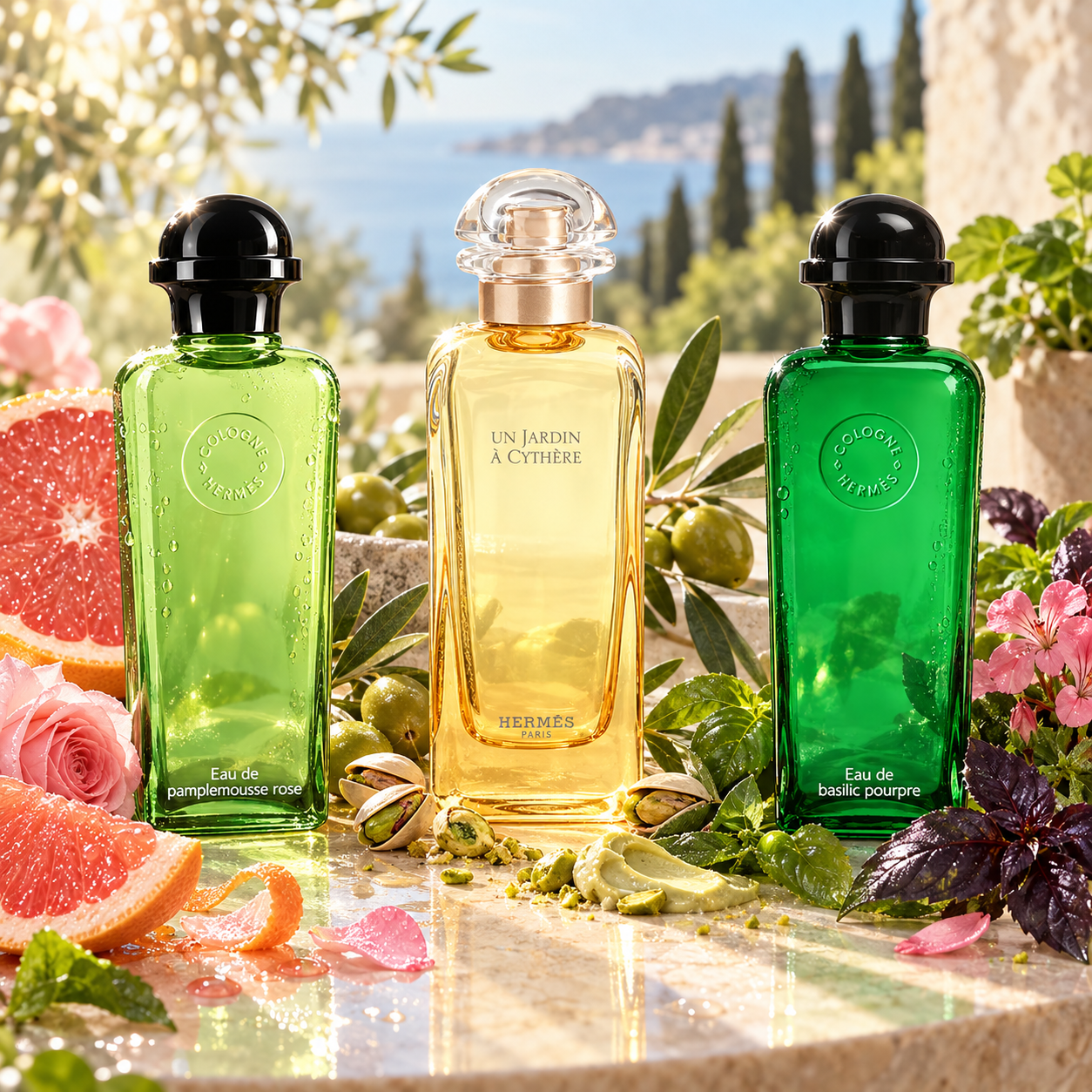 Hermes Fresh Green Fragrance Trio: Eau de Pamplemousse Rose, Eau de Basilic Pourpre & Un Jardin à Cythère