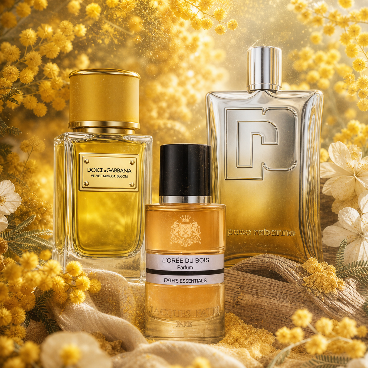 Golden Mimosa Niche Fragrance Trio: Rabanne, Dolce & Gabbana & Jacques Fath