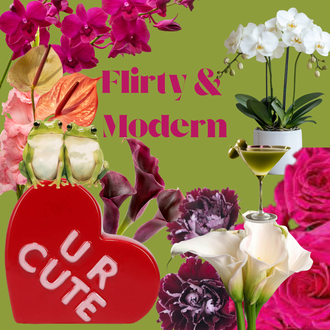 A collage with pink, purple, and white flowers including orchids, calla lilies, and anthuriums, a pair of cartoon frogs, a red heart-shaped sign that says "UR CUTE," and the text "Flirty & Modern" in bold pink letters on a green background.