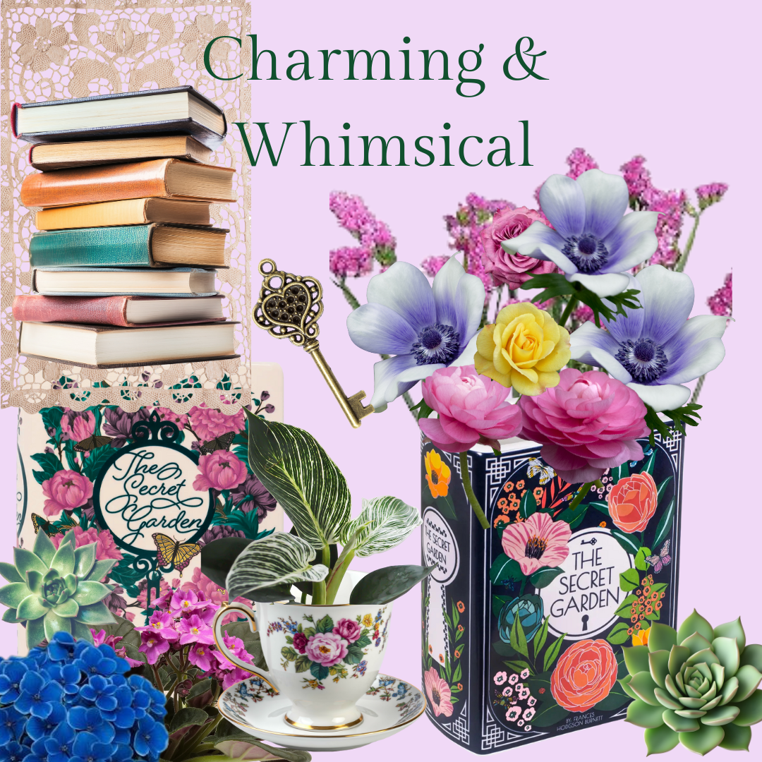 A basket of colorful flowers including anemonies, roses, and pink blossoms in a decorative container, surrounded by potted succulents, a stack of books, a vintage key, a tea cup with a floral design, and boxes labeled 'The Secret Garden' on a lavende