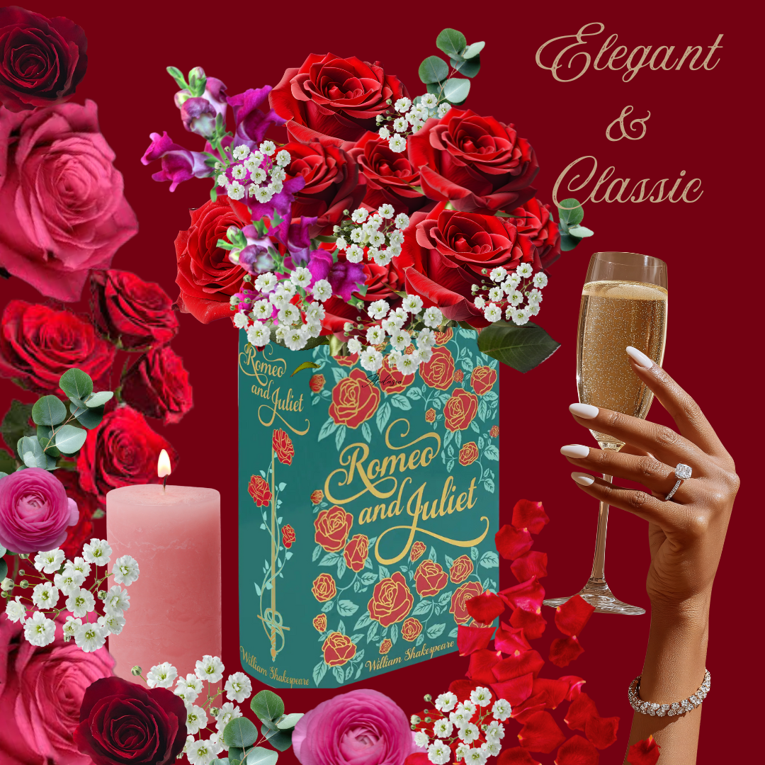 A romantic decoration with a bouquet of red roses, pink roses, and white flowers in a teal box labeled "Romeo and Juliet" by William Shakespeare. A pink candle, a hand holding a champagne glass, and the text "Elegant & Classic" are also present.