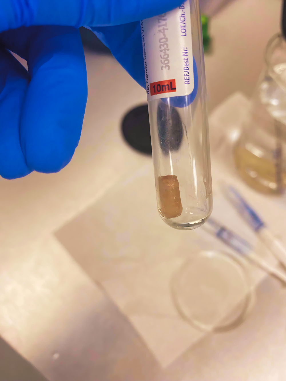 Laboratory scene with a gloved hand holding a test tube containing a small brown sample, with a background of lab equipment and a white paper towel.