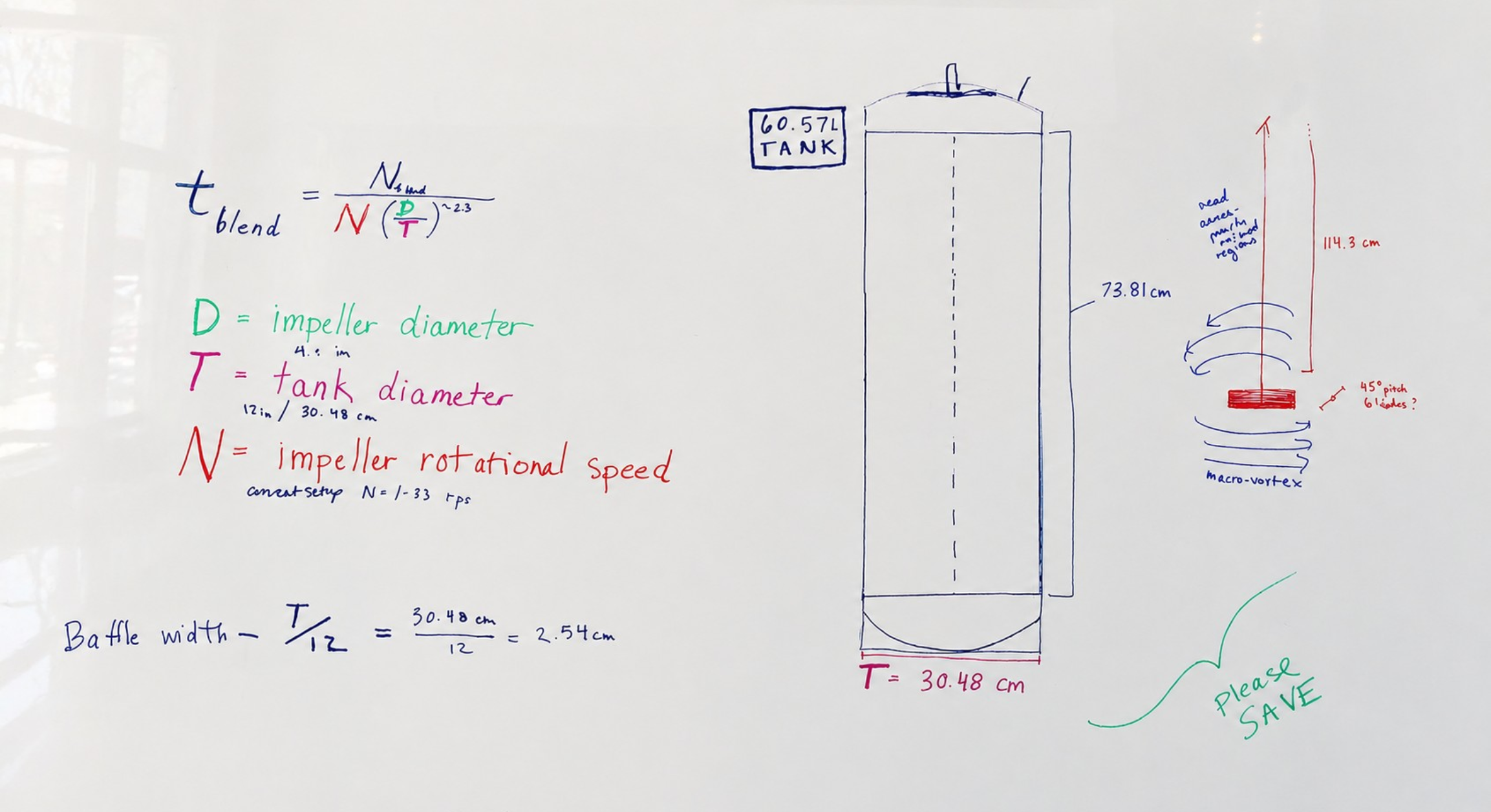 Whiteboard with technical drawings, formulas, and notes related to a tank design or engineering project. Includes a sketch of a tall cylindrical tank with height and diameter measurements, a diagram of fluid flow or vortices, and handwritten notes in various colors explaining parameters and calculations.