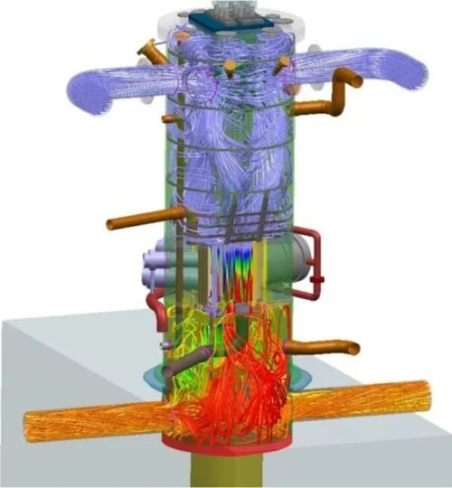 A computer-generated diagram showing airflow and fluid dynamics inside a cylindrical industrial or scientific apparatus with colorful flowing patterns and various pipes.