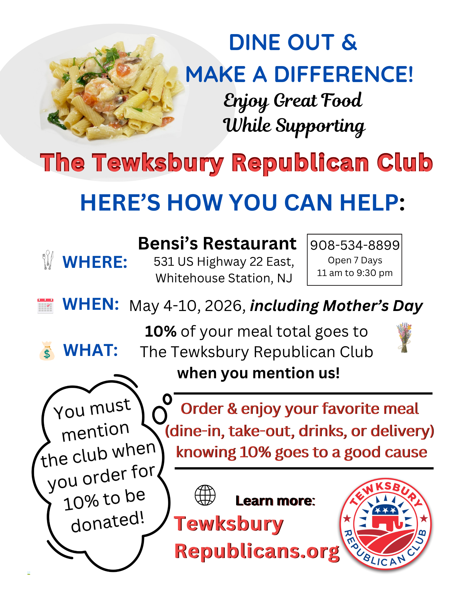 DINE OUT & MAKE A DIFFERENCE! Enjoy Great Food While Supporting The Tewksbury Republican Club