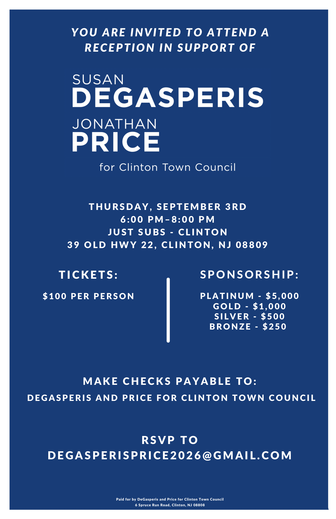 RECEPTION IN SUPPORT OF SUSAN DEGASPERIS JONATHAN PRICE for Clinton Town Council