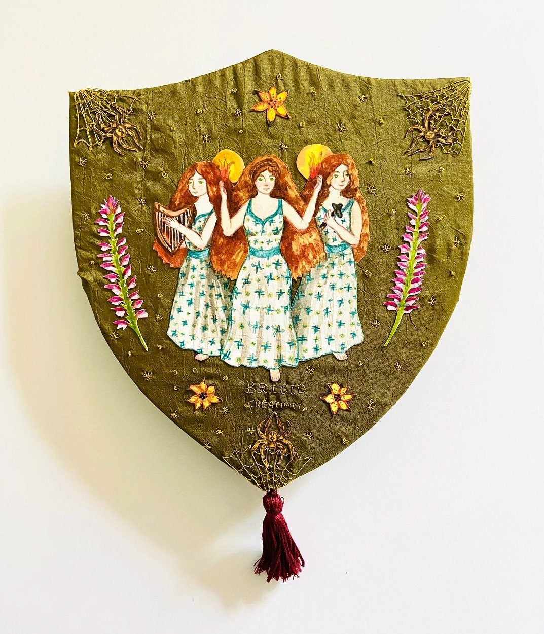 Brigid Amulet, 2021, 8x8"
Acrylic & colored pencil on paper, mounted on hand-embroidered silk, stretched on carved panel.