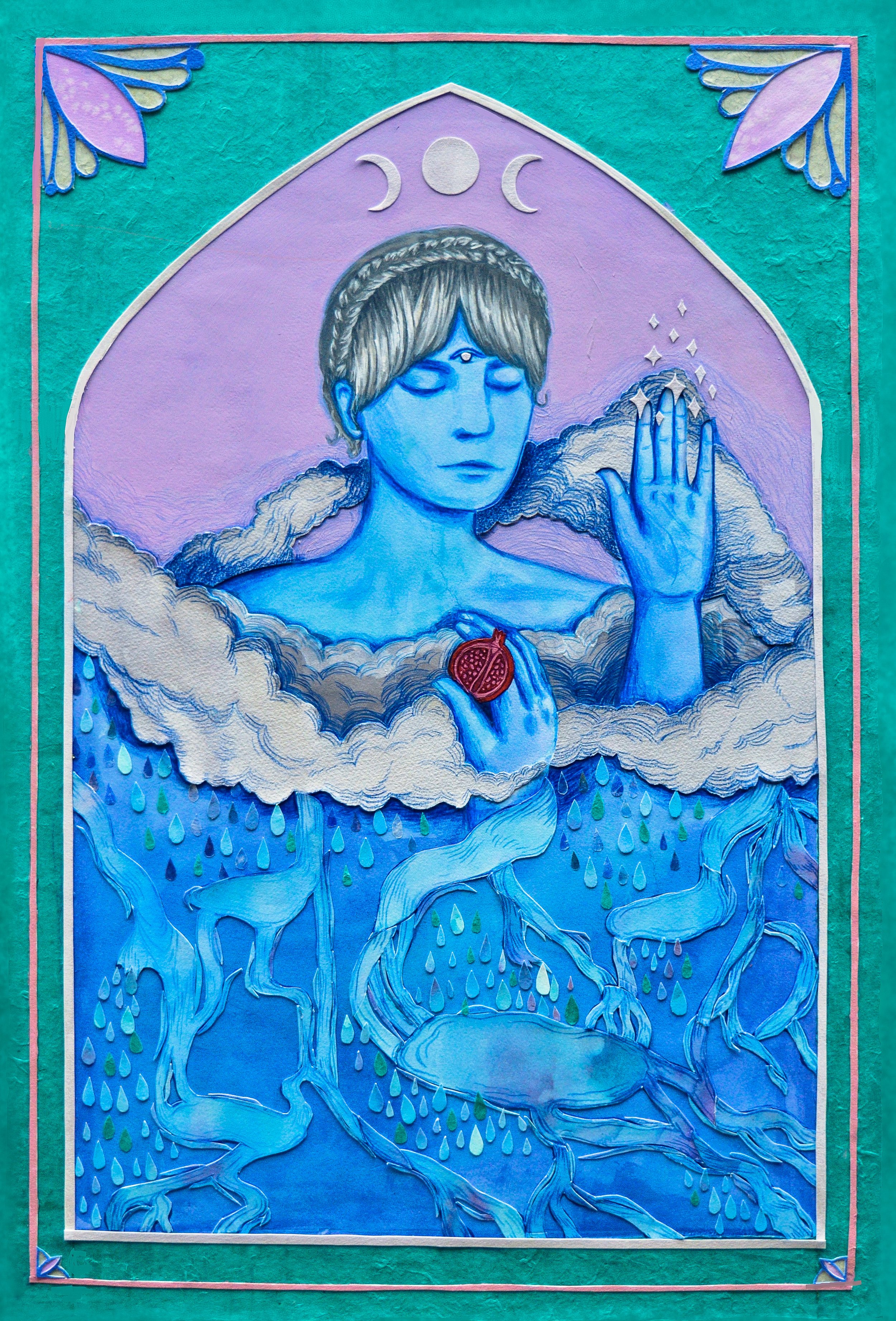 The High Priestess, 2021, 20x30"
Acrylic, colored pencil & collage on paper, mounted to wood panel.