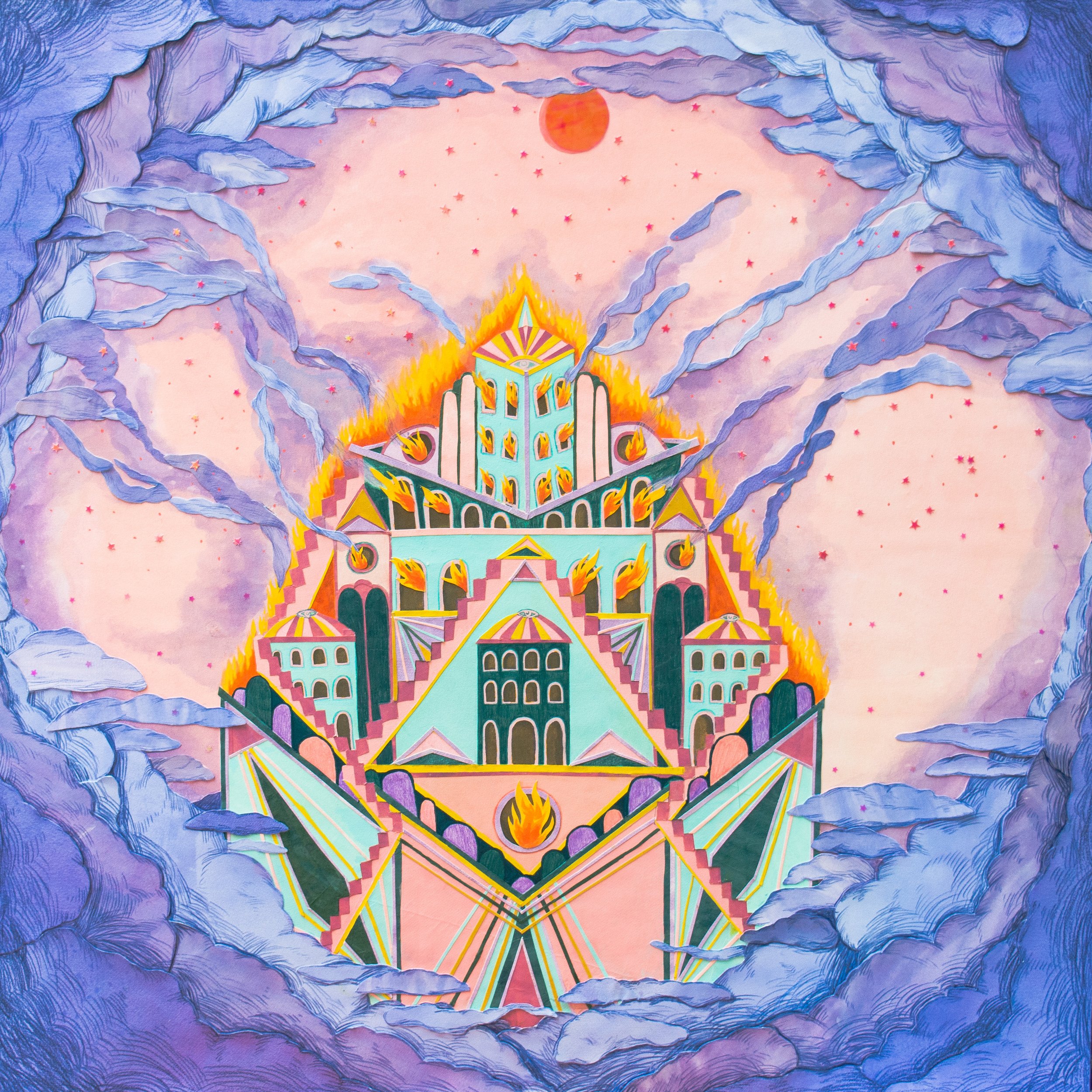 Bow To the Tower, 2021, 40x40"
Acrylic, colored pencil & collage on paper, mounted to wood panel.