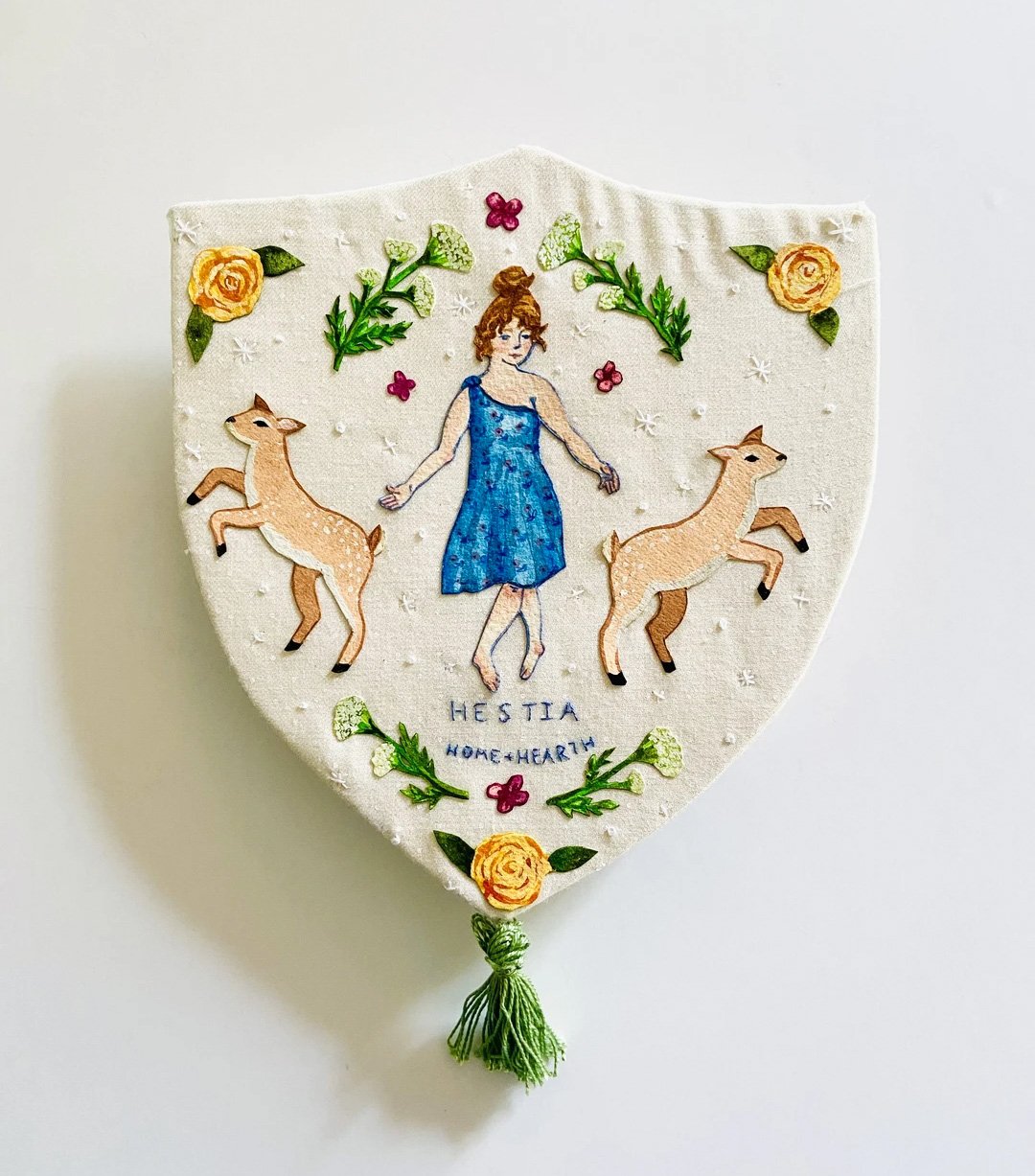 Hestia Amulet, 2021, 8x8"
Acrylic & colored pencil on paper, mounted on hand-embroidered cotton, stretched on carved panel.