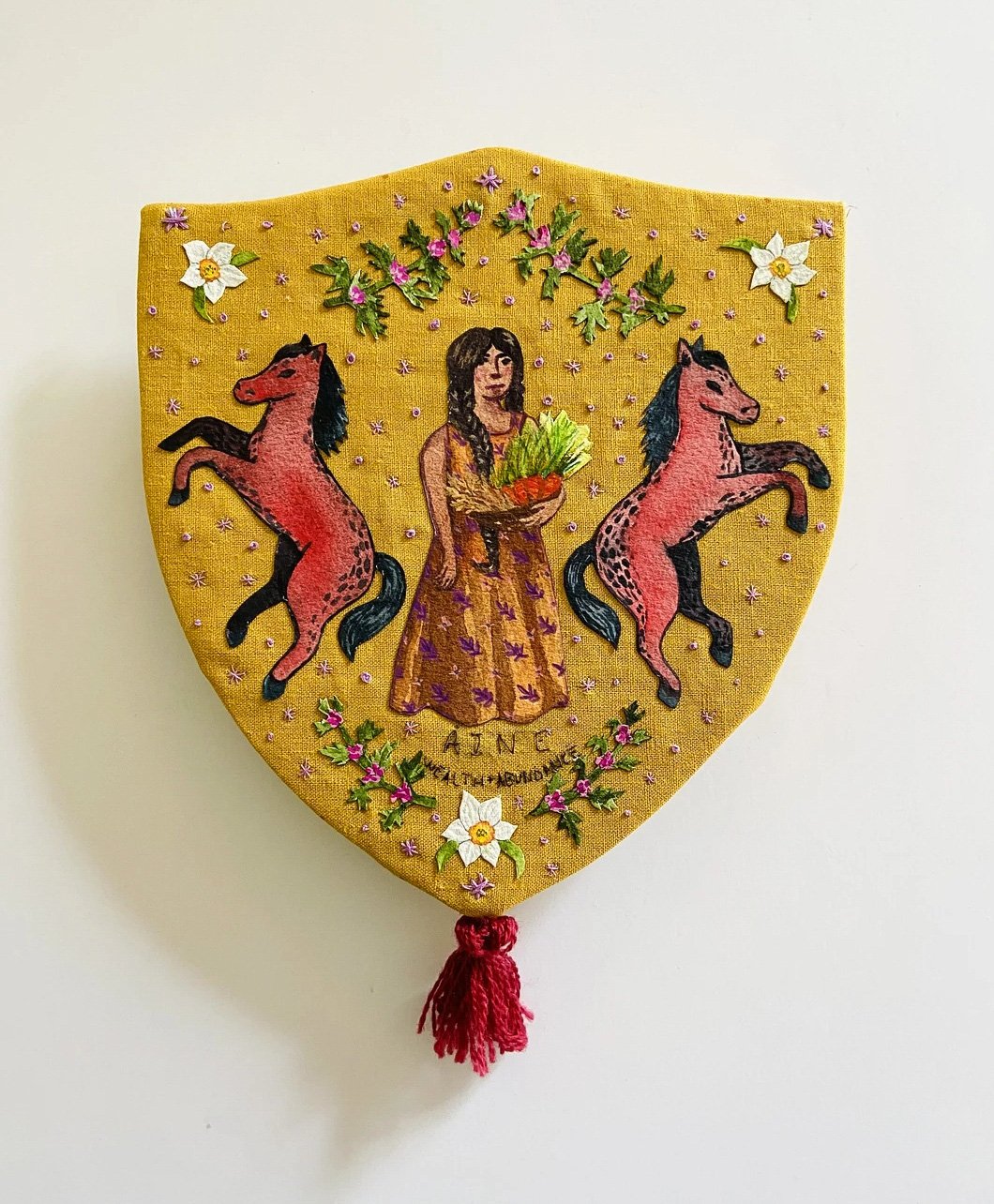 Aine Amulet, 2021, 8x8"
Acrylic & colored pencil on paper, mounted on hand-embroidered linen, stretched on carved panel.