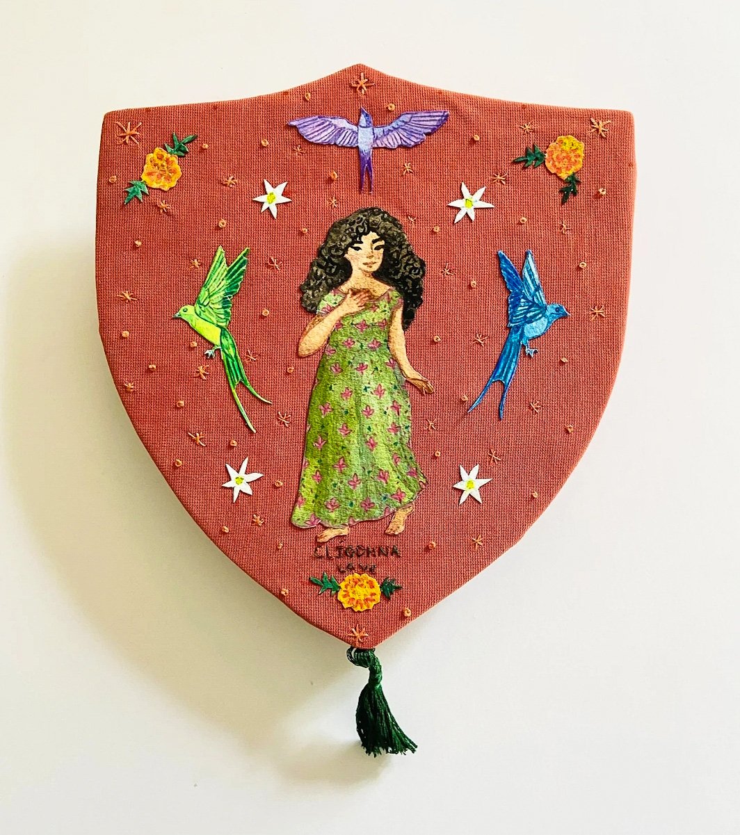 Cliodhna Amulet, 2021, 8x8"
Acrylic & colored pencil on paper, mounted on hand-embroidered knit fabric, stretched on carved panel.