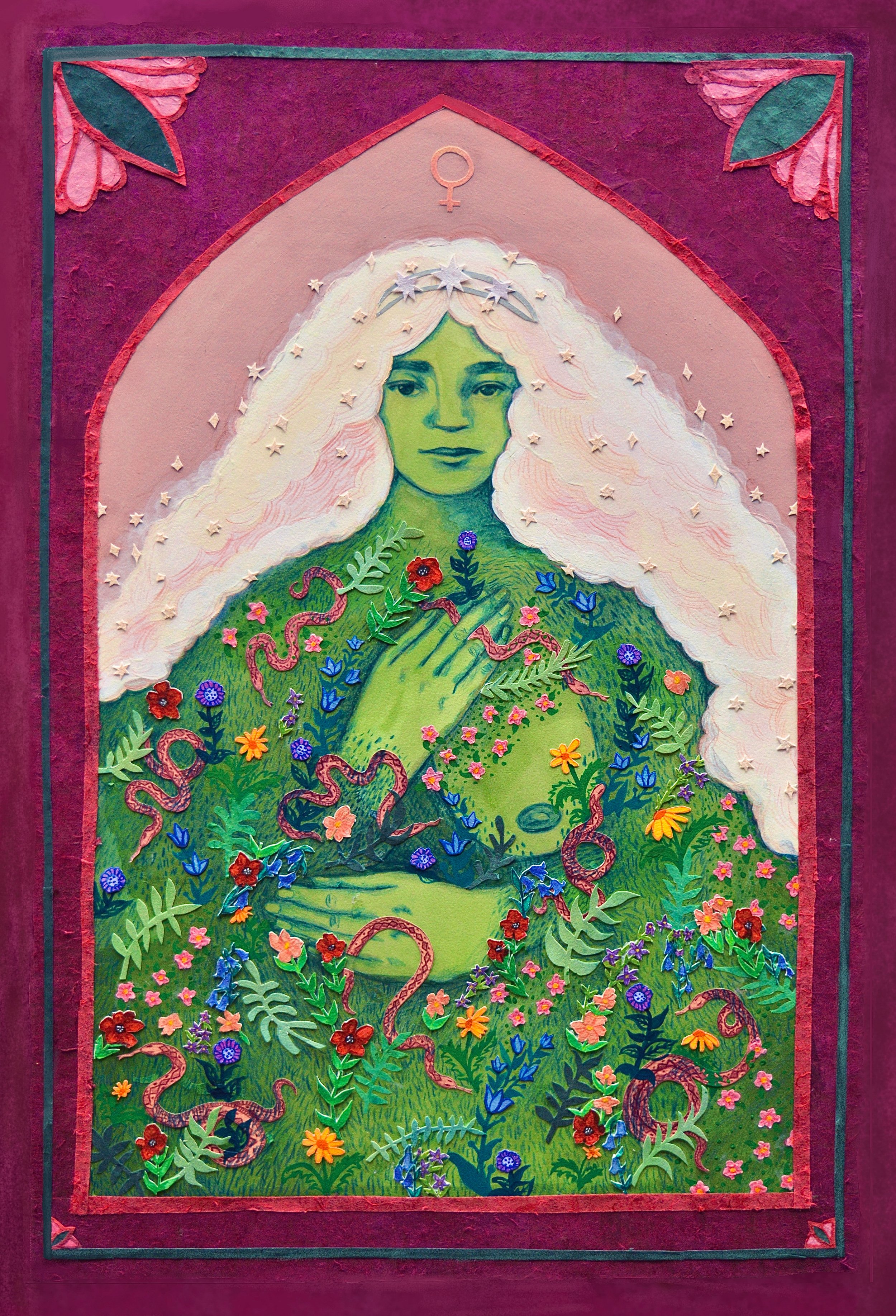 The Empress, 2021, 20x30"
Acrylic, colored pencil & collage on paper, mounted to wood panel.
