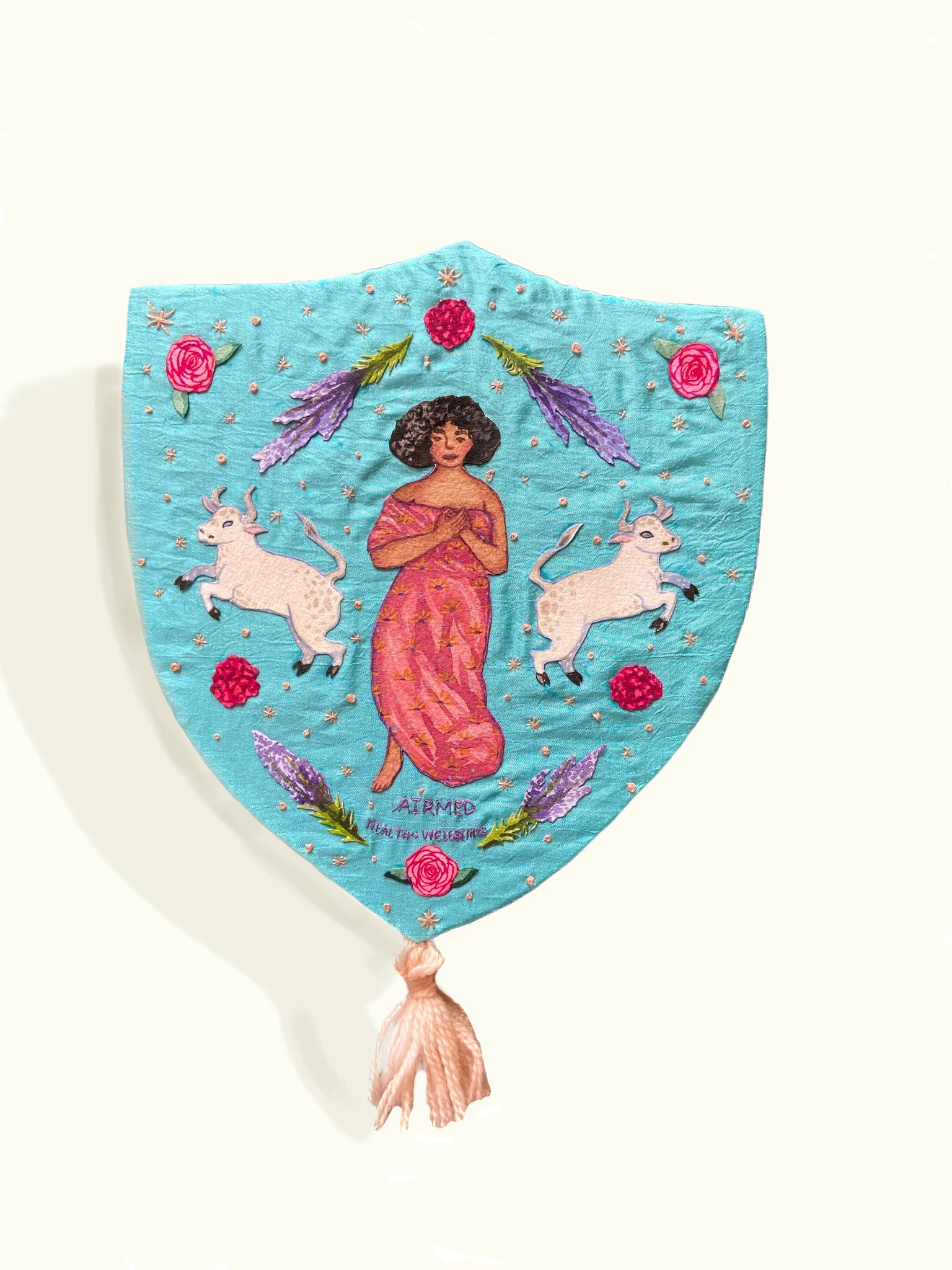 Airmed Amulet, 2021, 8x8"
Acrylic & colored pencil on paper, mounted on hand-embroidered silk, stretched on carved panel.