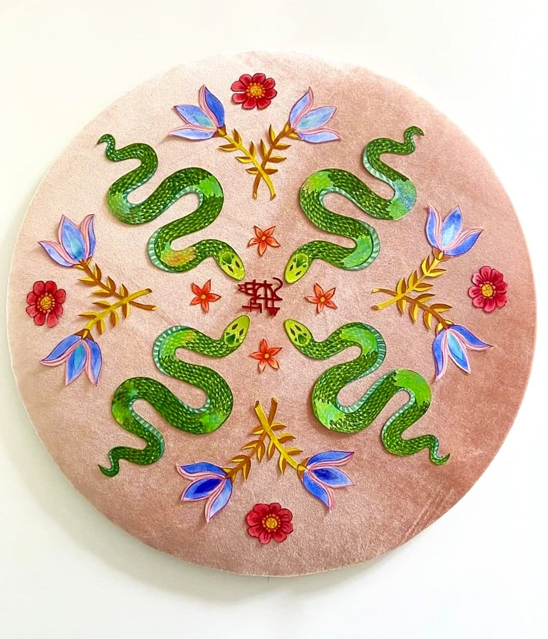 Sexuality & Pleasure Sigil Shield, 2021, 20x20"
Acrylic & mylar on paper, mounted to velvet fabric, stretched on panel.