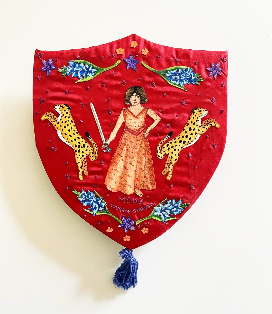 Medb Amulet, 2021 8x8"
Acrylic & colored pencil on paper, mounted on hand-embroidered silk, stretched on carved panel.