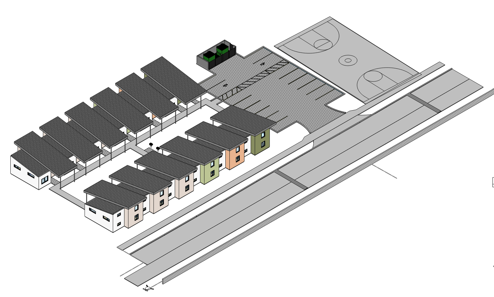 3D render of an affordable housing development called catholic charities, consisting of a residential complex with colorful houses, parking lot, basketball court, and roads. 