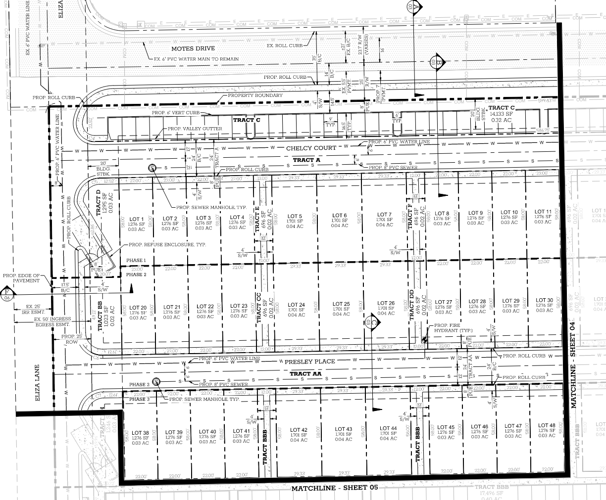 The engineering site plan and construction documents showing property boundaries, lots, and transportation features like curbs, water lines, sewer lines, and fire hydrants, for a large Single-Family Residential subdivision in Thatcher Arizona.