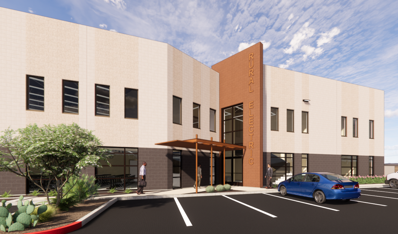 A rendering of a commercial development called "Rural Electric", a company building with a parking lot and desert plants outside.