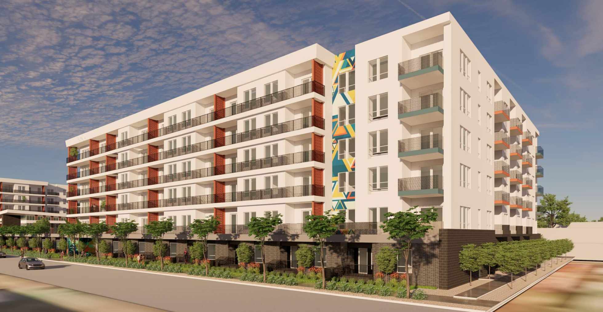 A rendering of a Multi-Family development, consisting of a modern multi-story apartment building with white walls, balconies, and colorful geometric artwork on the facade. There are trees, a sidewalk, and a street with a parked car in the foreground.