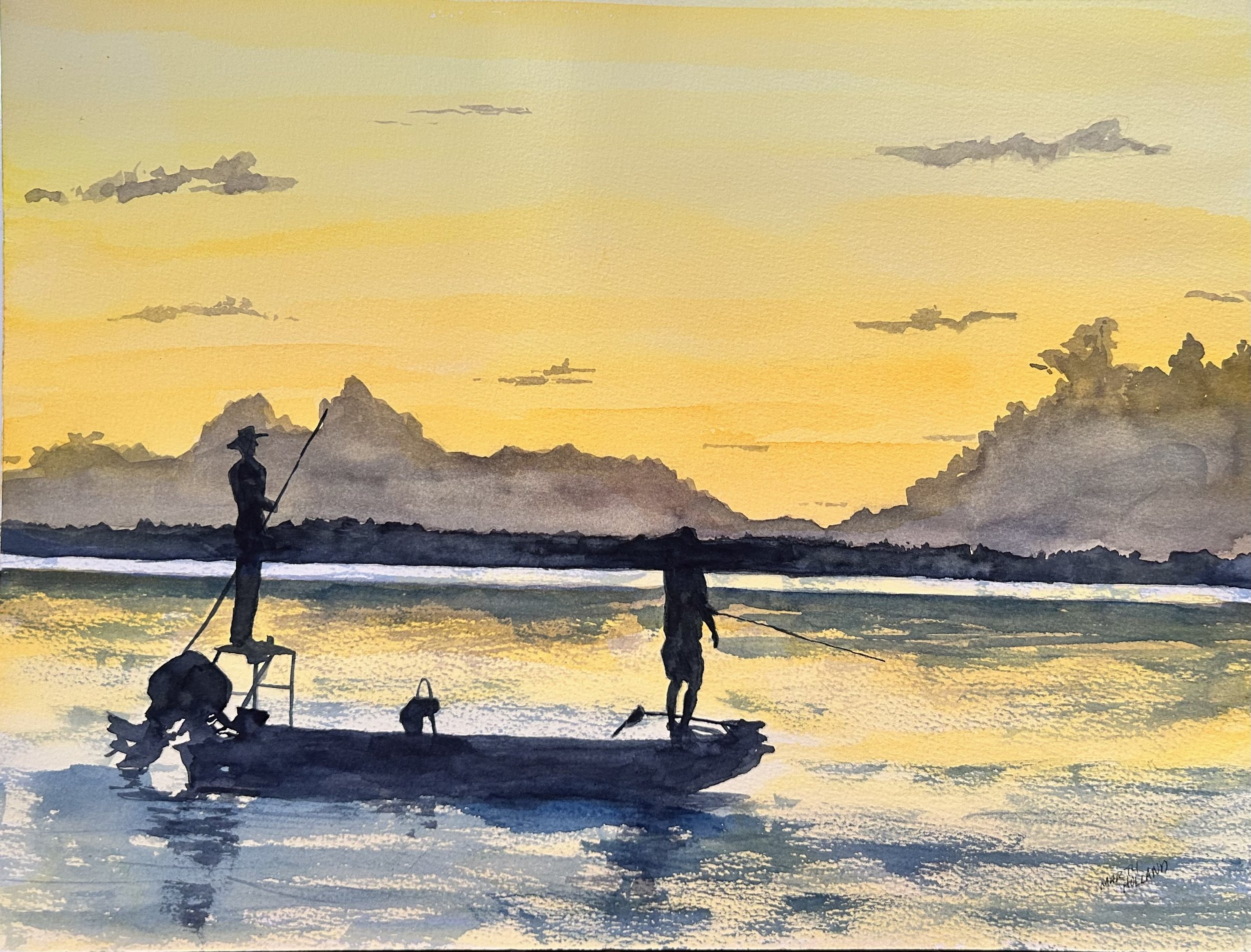Redfish Biting - Starting at $26, transform your living space with this stunning Matte Canvas, Stretched, 1.25" masterpiece. Featuring a breathtaking watercolor scene of silhouetted figures against a vibrant sunset, this piece evokes a sense of calm 