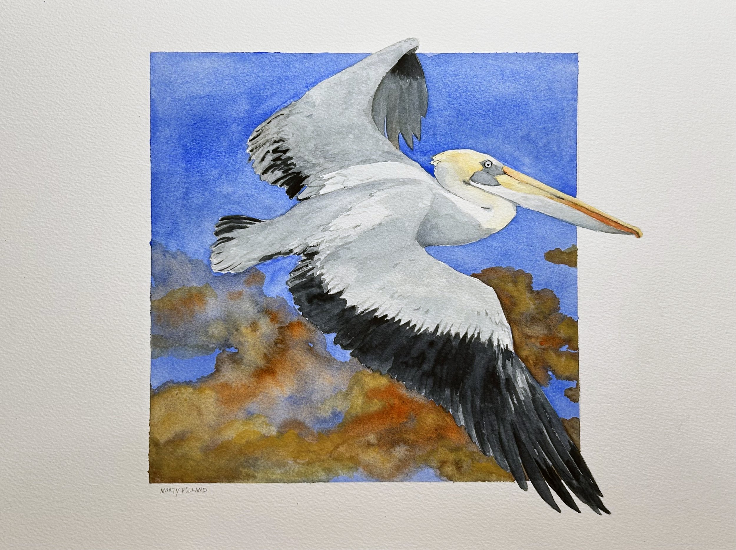 Flying Pelican - Starting at $25, transform your space with these stunning textured watercolor matte poster. Each piece bursts with vibrant colors, capturing the beauty of nature with a unique, artisanal feel. Perfect for adding a touch of elegance t