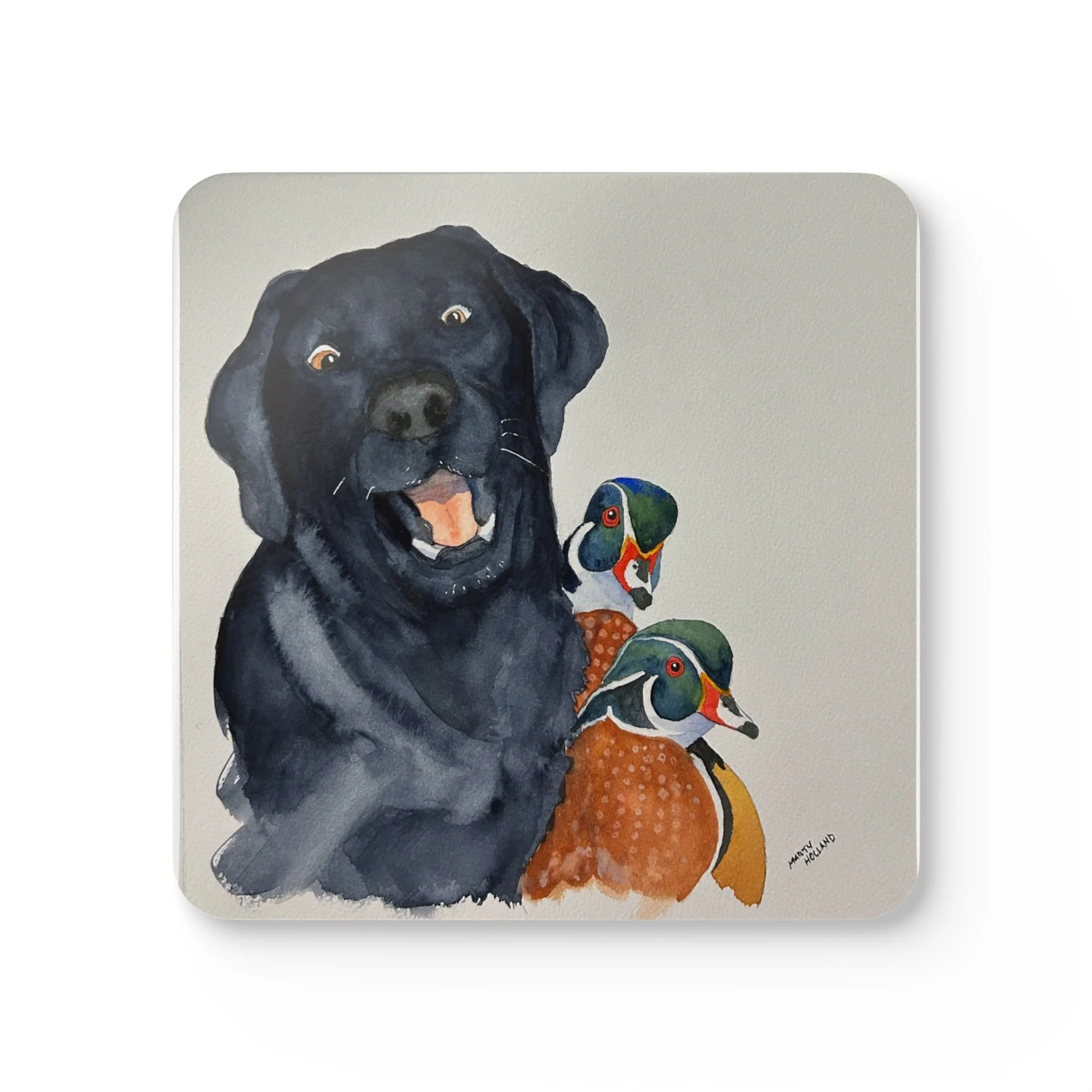 Black Labrador Wood Ducks Cork Coaster Set - With each order you get 4-piece set coasters that come in one size: 3.75" × 3.75" (9.5cm x 9.5cm), are made with a high-gloss top and feature a cork back to prevent sliding. - $22