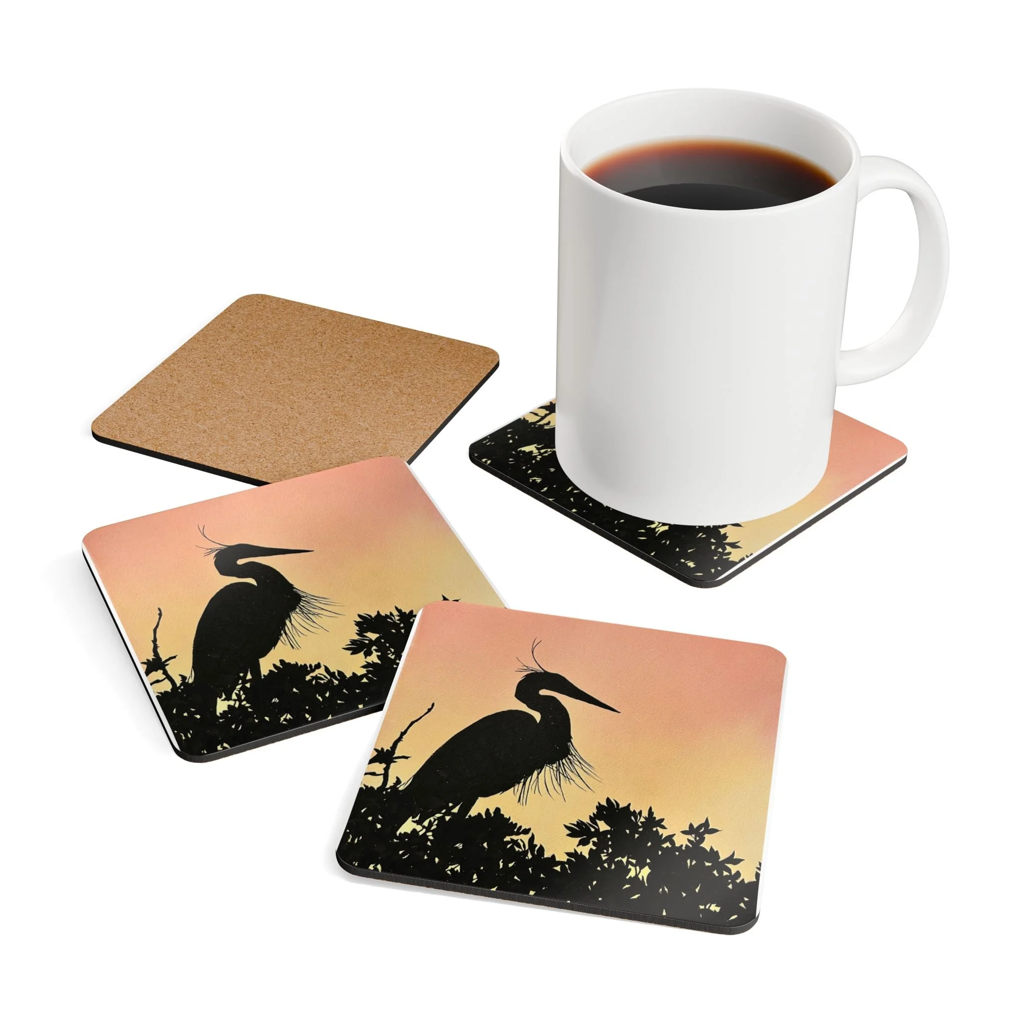 Heron Sunset Cork Coaster Set - With each order you get 4-piece set coasters that come in one size: 3.75" × 3.75" (9.5cm x 9.5cm), are made with a high-gloss top and feature a cork back to prevent sliding. - $22