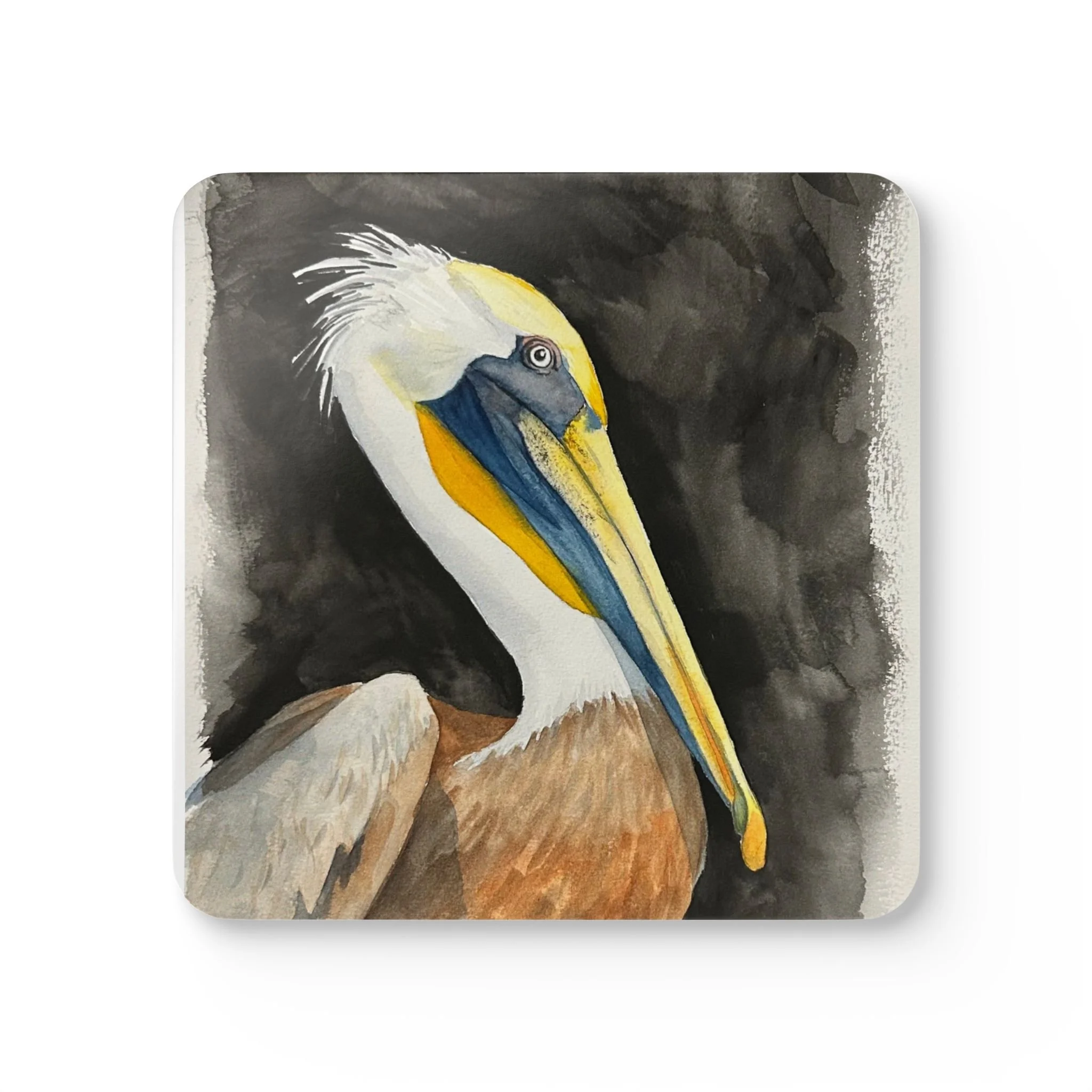 Pelican Watercolor Cork Coaster Set - With each order you get 4-piece set coasters that come in one size: 3.75" × 3.75" (9.5cm x 9.5cm), are made with a high-gloss top and feature a cork back to prevent sliding. - $22