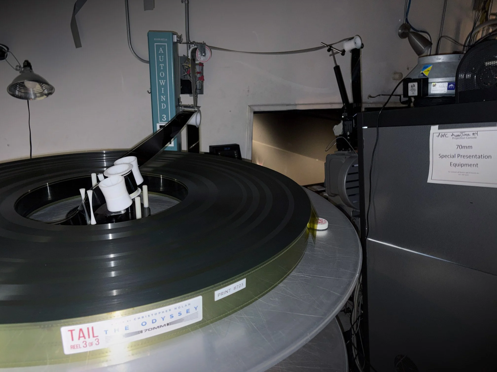   The massive 70MM film platter holds the 'TAIL' reel of THE ODYSSEY.  