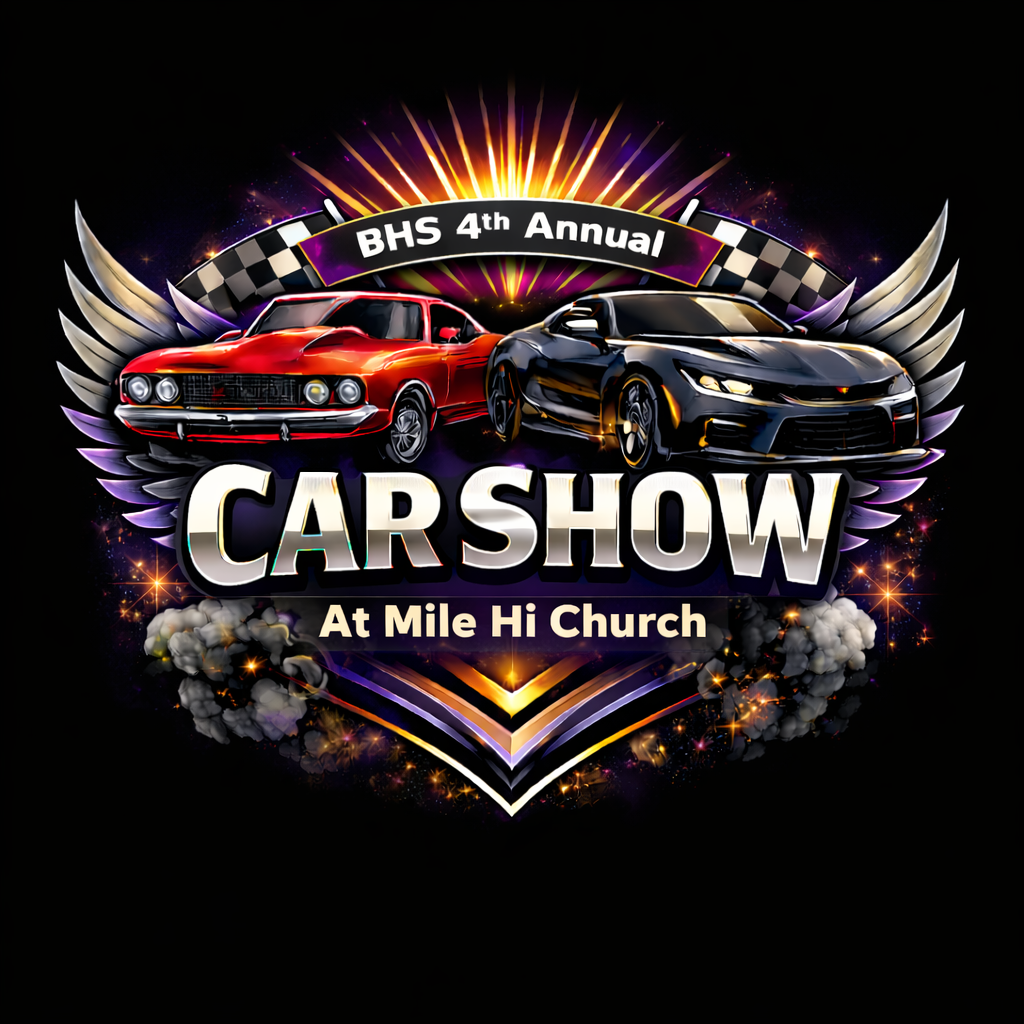 Promotional graphic for the BHS 4th Annual Car Show at Mile Hi Church featuring two cars, a red classic muscle car and a black modern sports car, with explosive effects and decorative wings.