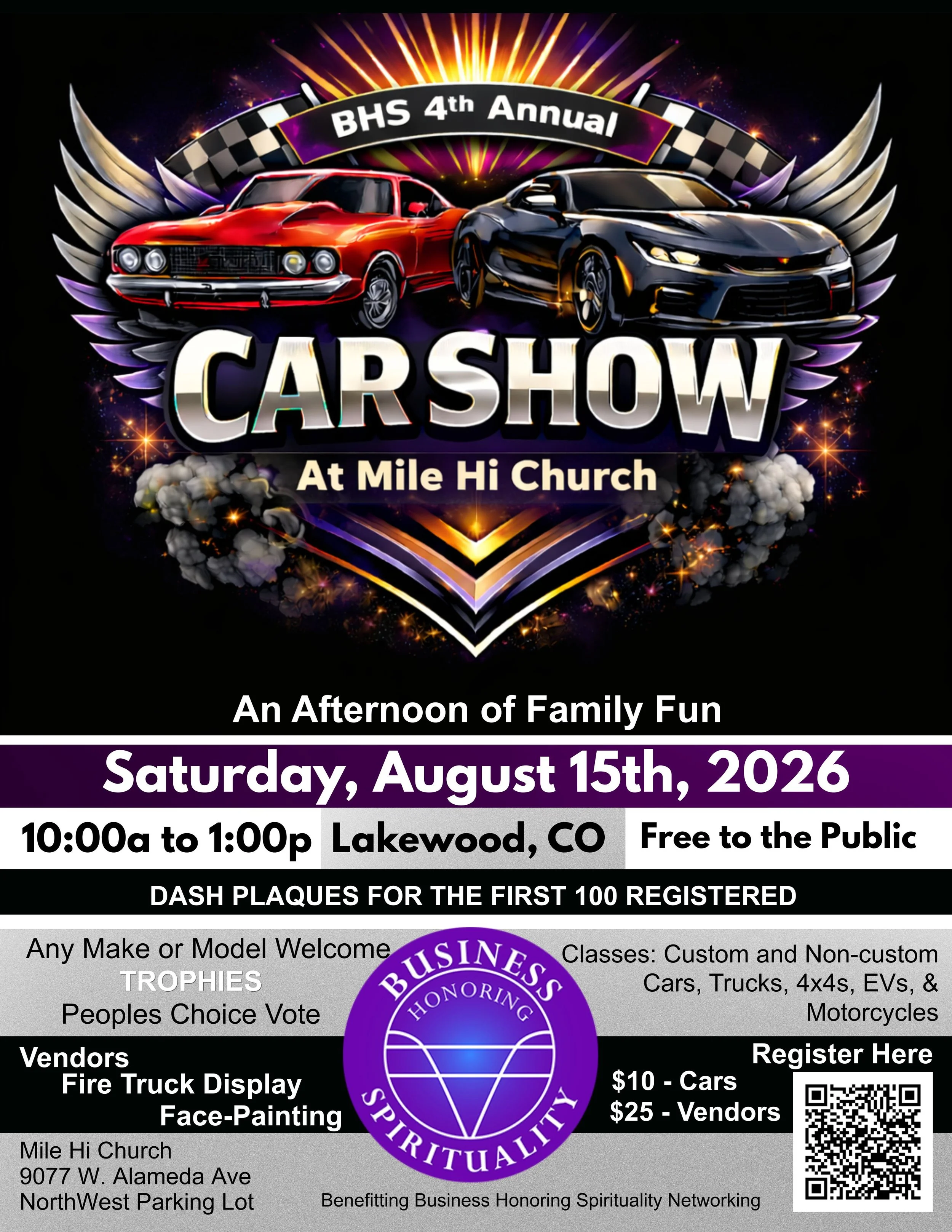 Flyer for the BHS 4th Annual Car Show at Mile Hi Church, August 15, 2026, featuring images of a red classic car and a black sports car, with details about event time, location, and activities including dash plaques, trophies, face painting, fire truck display, and vendor booths.