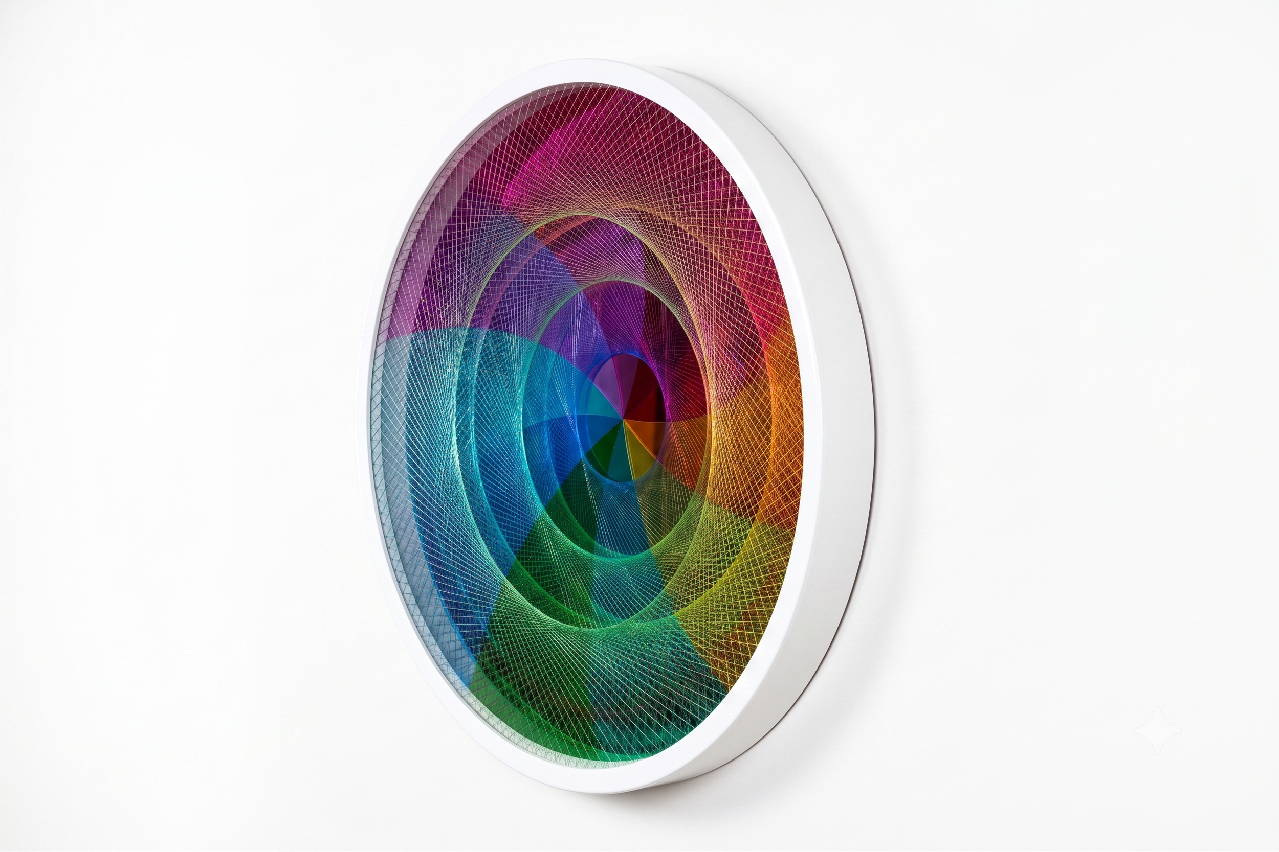 CENTRIFUGAL FORCE OF GRACE, Aluminum, enamel, monofilament, colored acrylic mirror, urethane, 50 x 50 x 4.5"