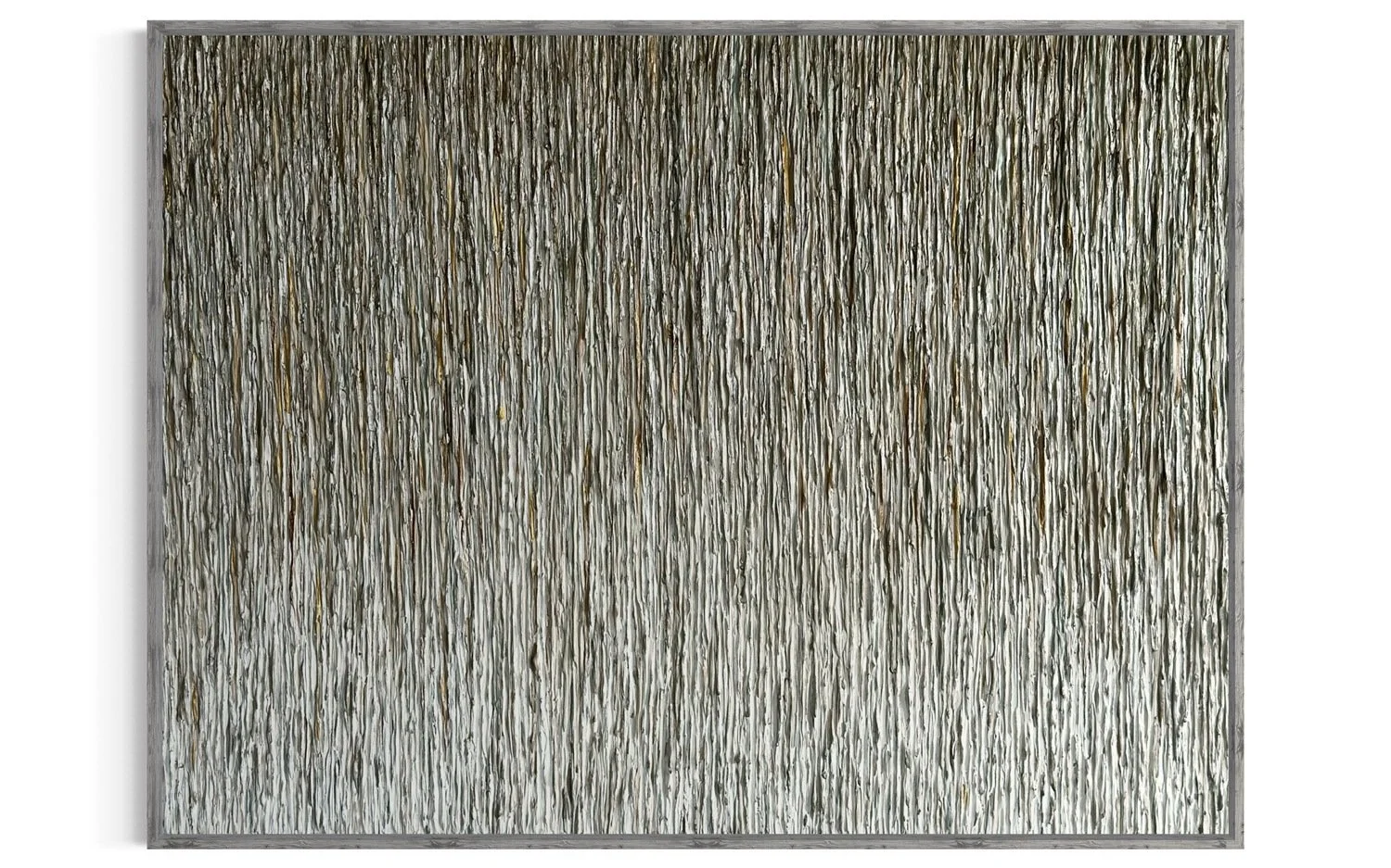 Abstract painting with vertical streaks in shades of gold, silver, black, and gray.