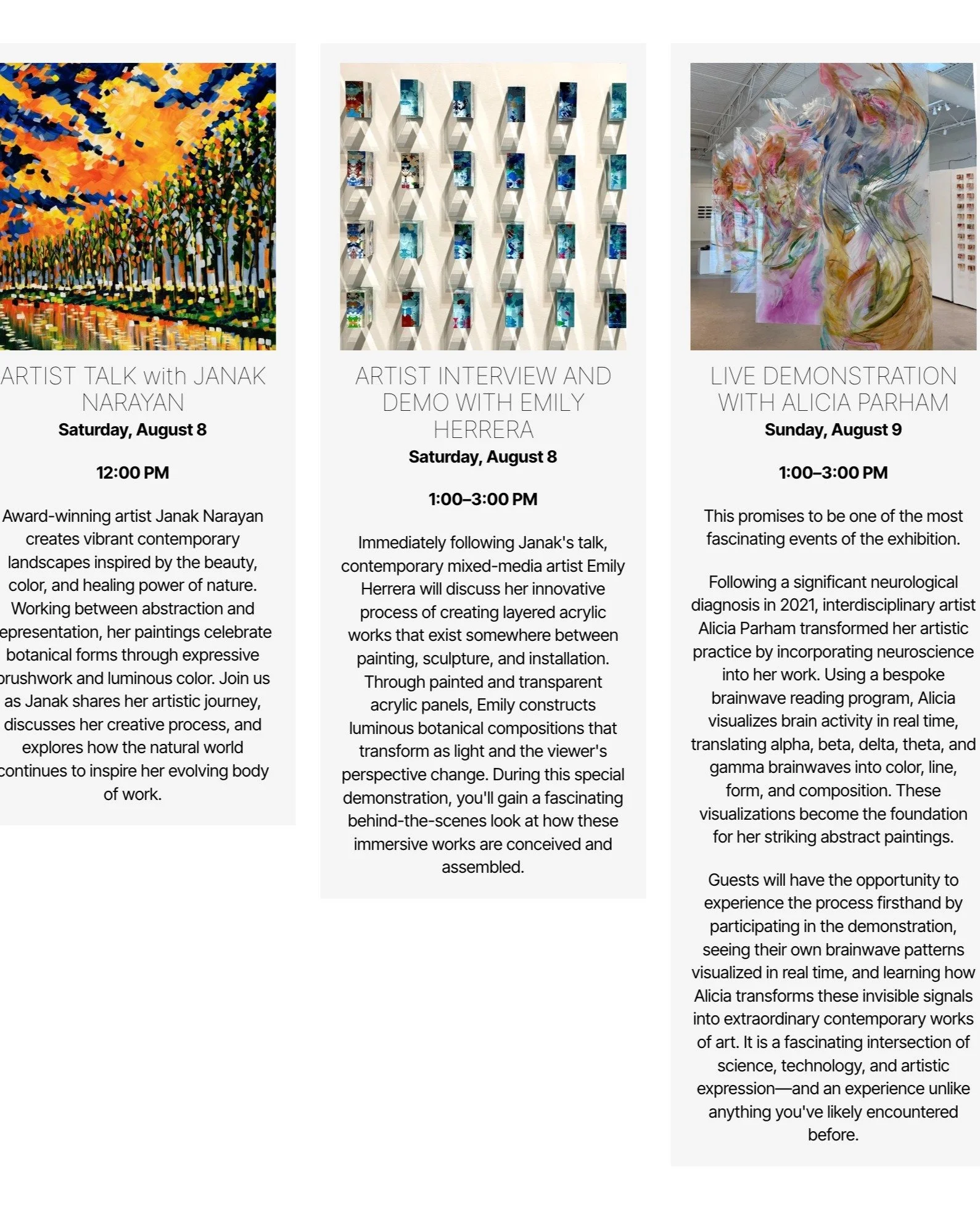 COME FOR ONE OR ALL THREE AMAZING EVENTS THIS WEEKEND!!

Join us for an exceptional weekend of conversations, live demonstrations, and rare opportunities to experience the creative process behind three remarkable artists featured in BOTANICA: Contemp