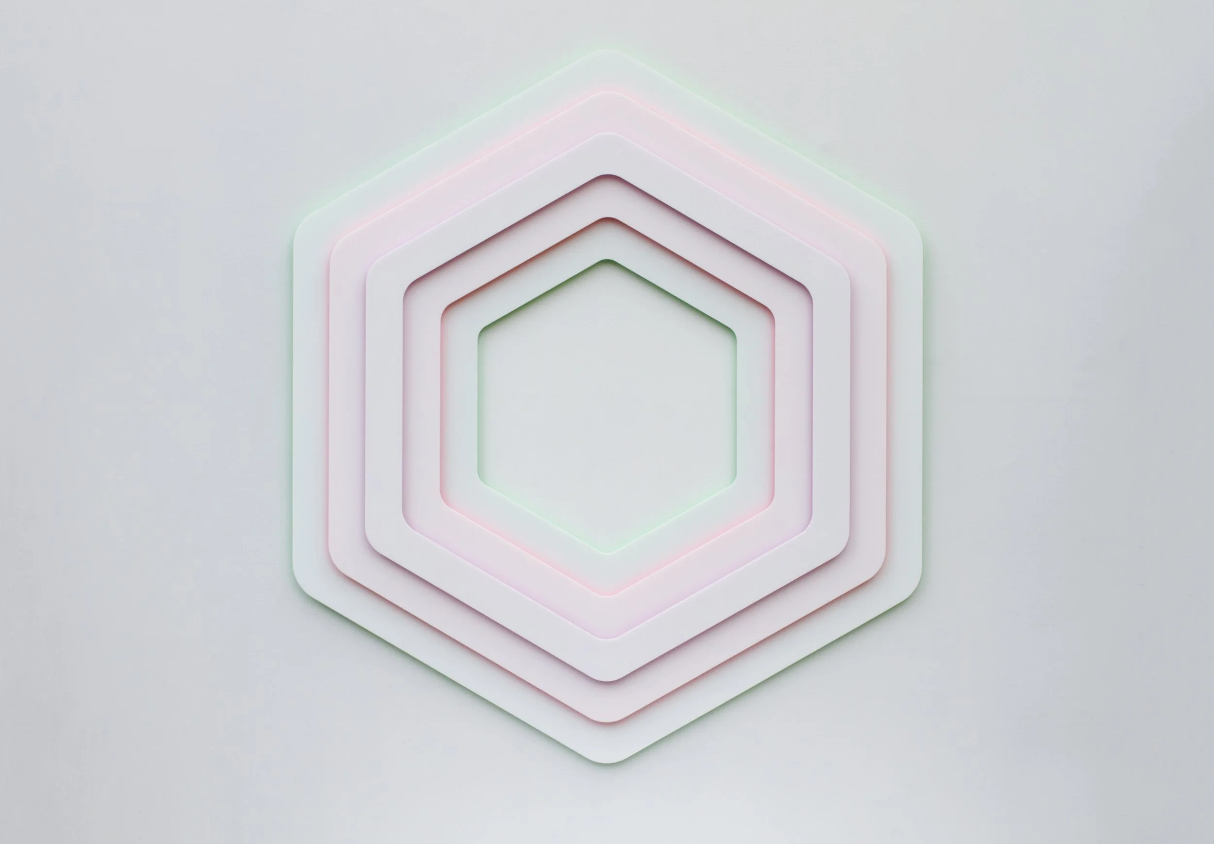 HEXAGON OF HOPE, Fluorescent pigment enamel, layered colored acrylic sheet, 52 x 46 x 2.25"