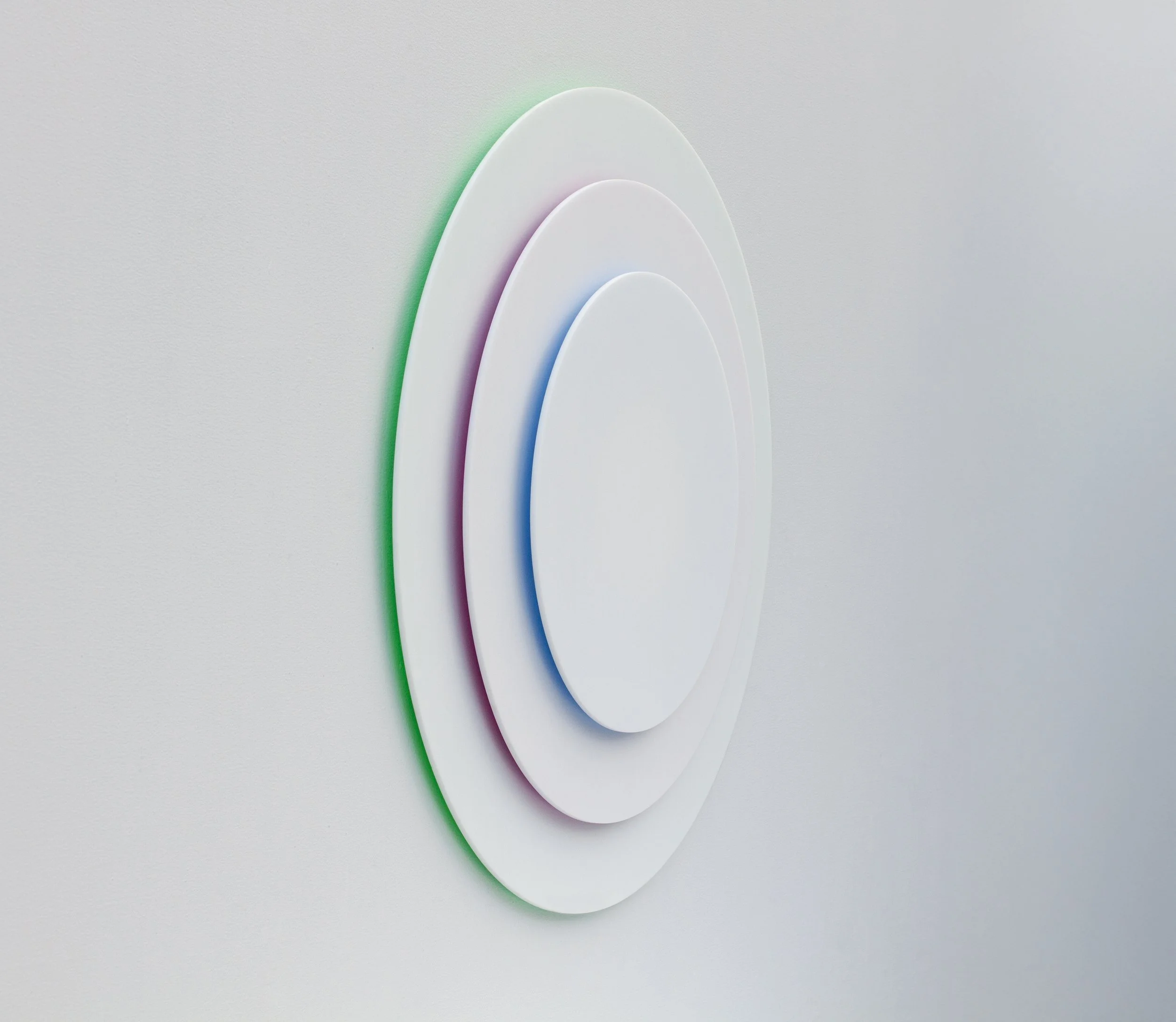 SOFT EDGES FOR HARDLINERS, Fluorescent pigment enamel, layered colored acrylic sheet, 27.6 x 27.6 x 2.25"
