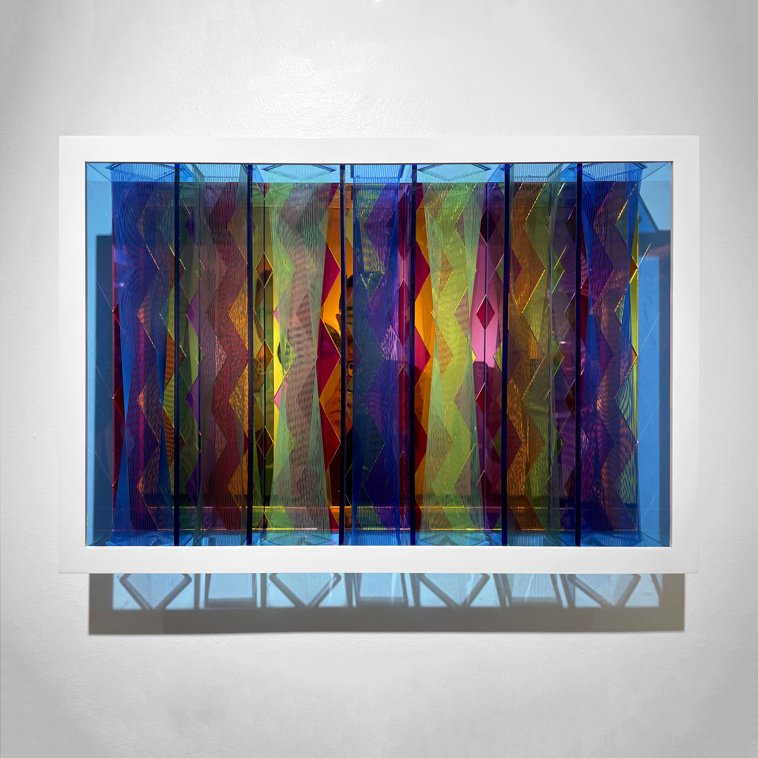 TETRA MEANDERING SKY, Acrylic sheet, monofilament, colored acrylic mirror, urethane, 17.5 x 25.5 x 3.75"