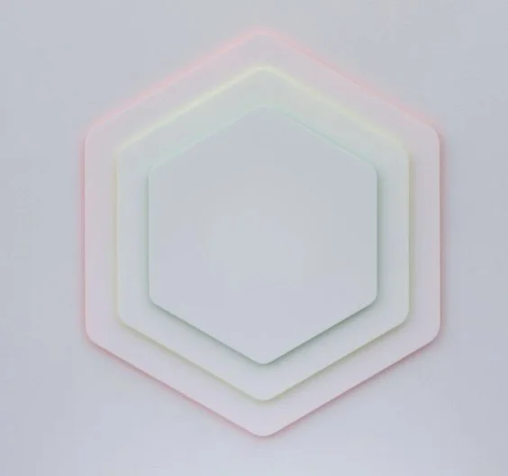FOR THE LOVE OF COMMON GROUND, Fluorescent pigment enamel, layered colored acrylic sheet, 33.7 x 29.7 x 2.25"