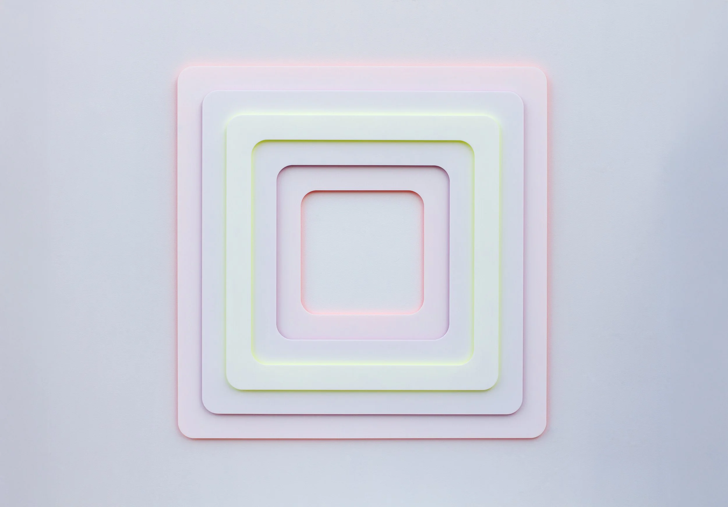 THE SQUARE ROOT OF LIGHT, Fluorescent pigment enamel, layered colored acrylic sheet, 46 x 36 x 2.25"