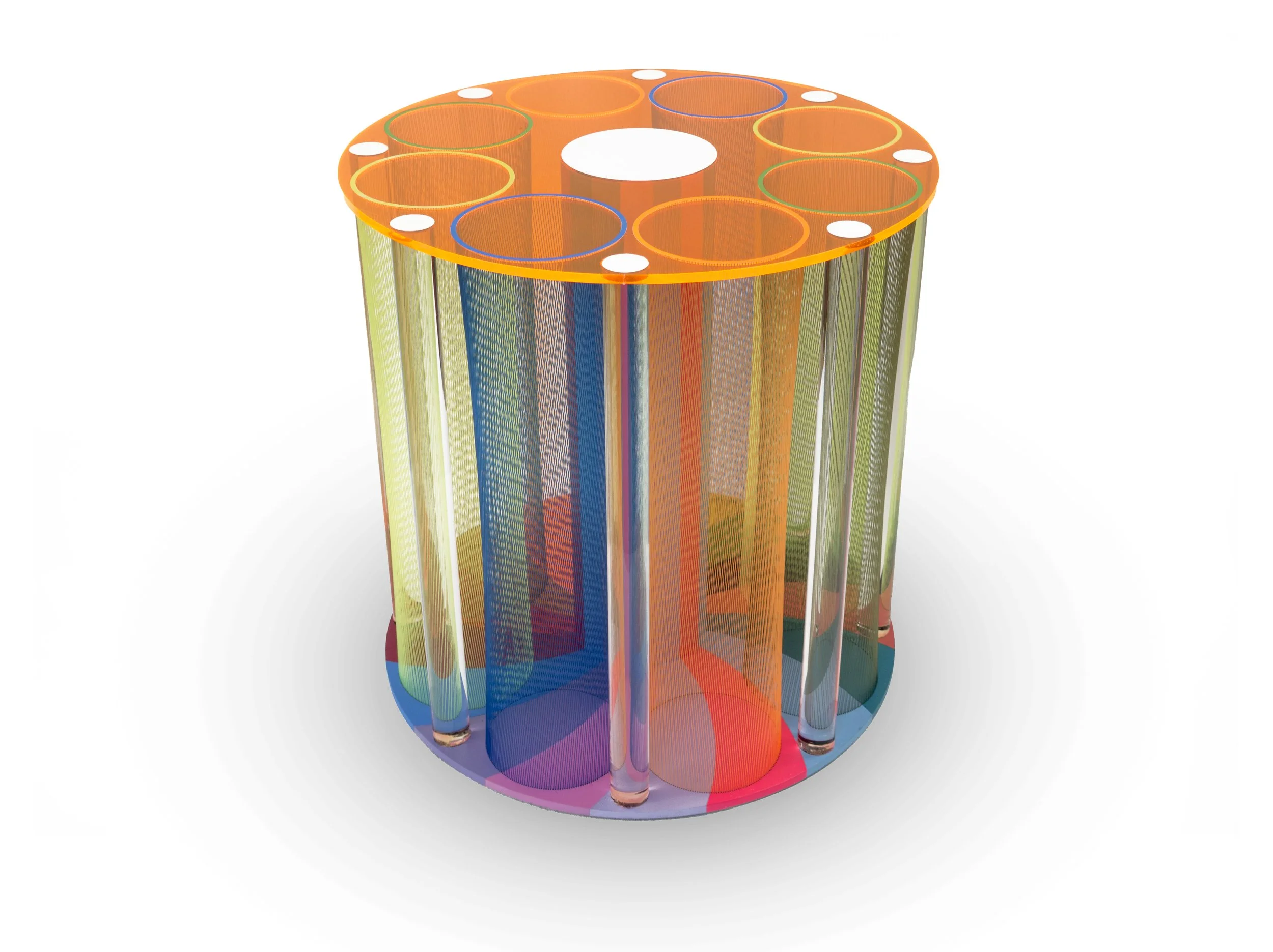 SWIRL GO ROUND, Monofilament, enamel, colored mirrored Plexiglas, 15.25 x 15.25 x 15.25"