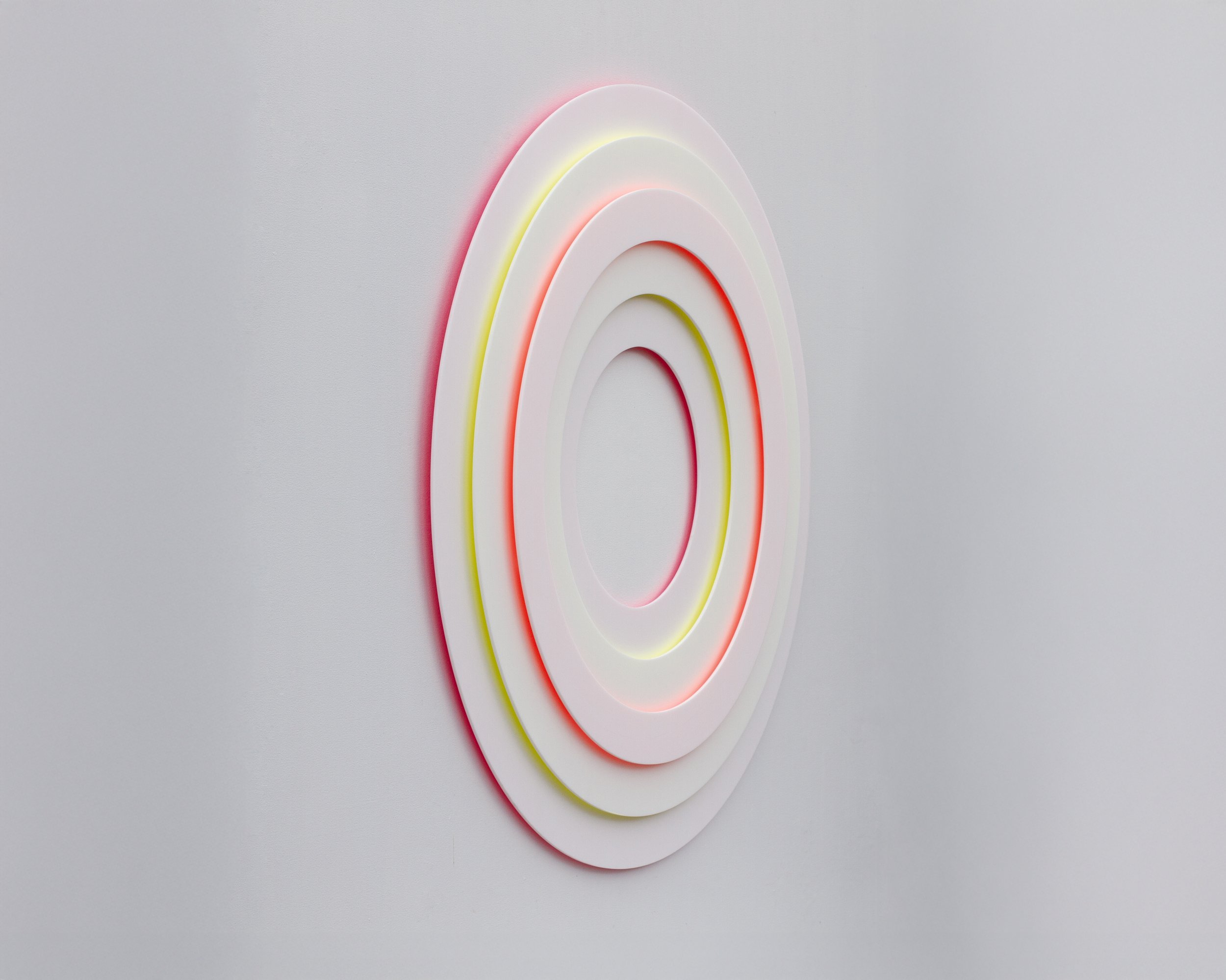 CIRCLE OF QUIET QUESTIONS, Fluorescent pigment enamel, layered colored acrylic sheet, 46 x 46 x 2.25"