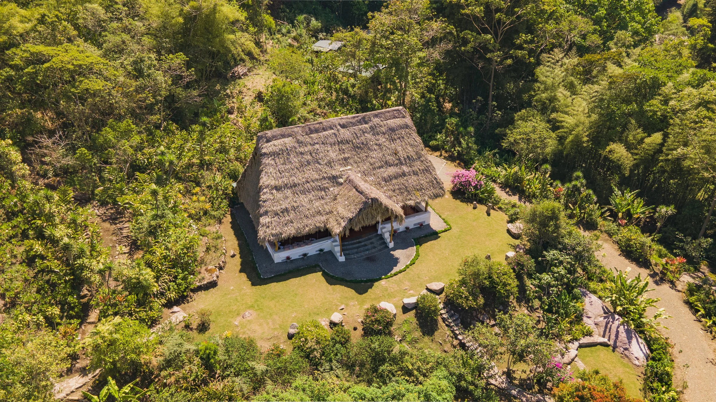 Vista aérea de una casa con techo de paja en un entorno selvático rodeada de árboles y vegetación, con un área de césped y plantas ornamentales.
