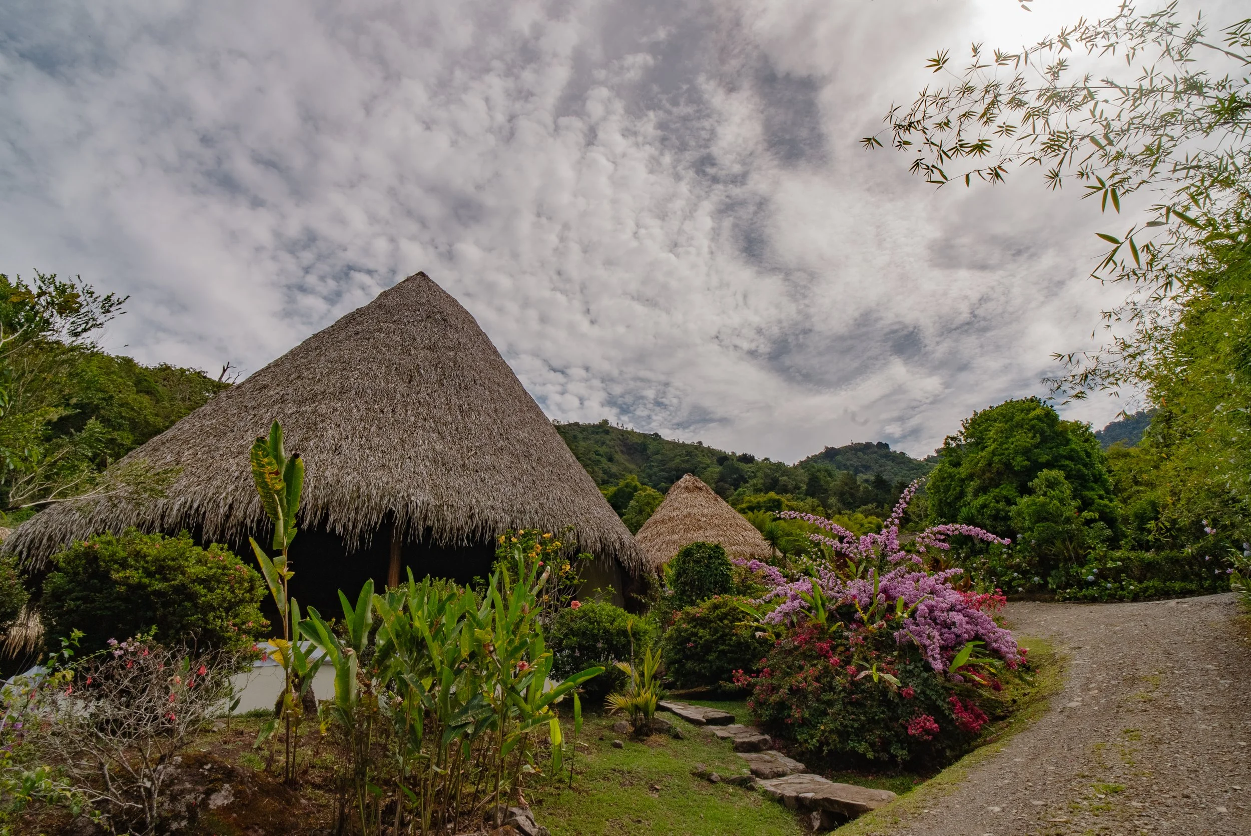 Casas tradicionales con techos de paja en un paisaje natural con vegetación y flores, bajo un cielo con nubes, en un entorno de montaña.