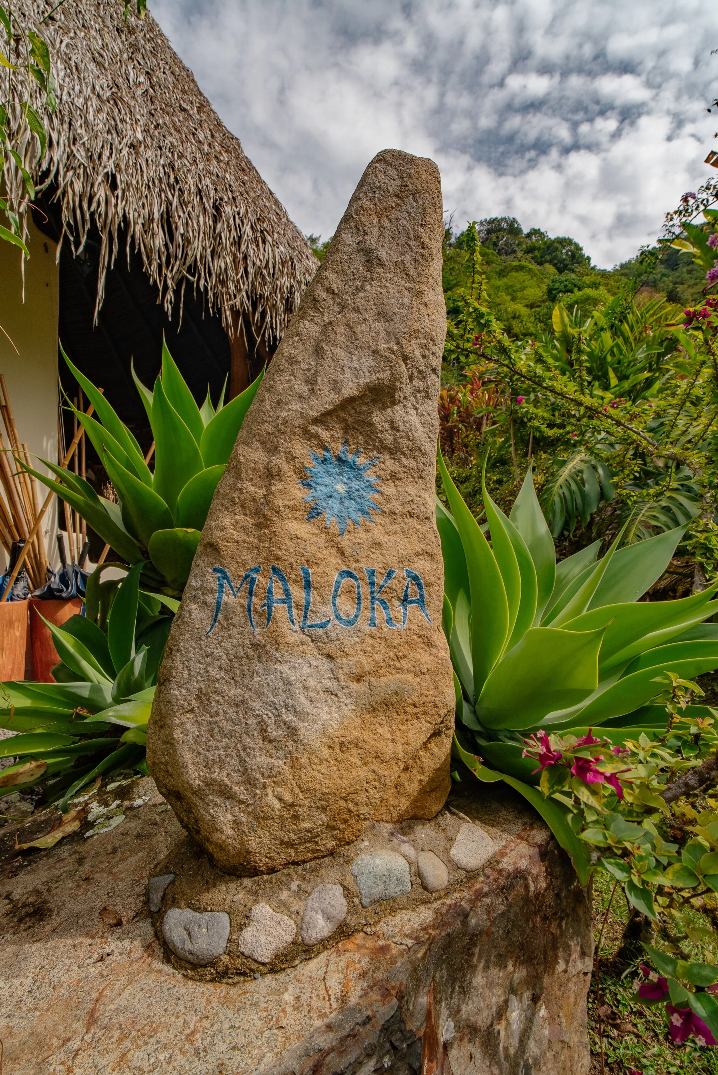 Una piedra grande con la palabra 'Maloka' pintada en azul y un símbolo de sol también en azul, rodeada de plantas verdes y flores en un entorno natural con cielo nublado.