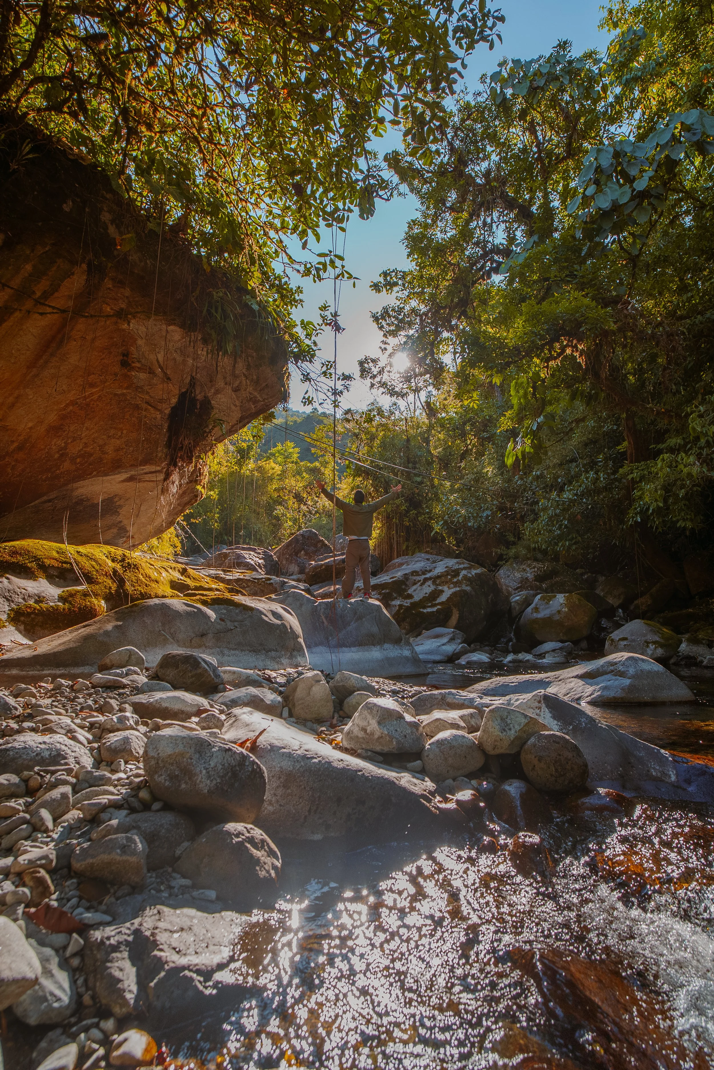 Hombre atravesando un río en un entorno de selva con rocas y árboles, con el sol brillando a través de las hojas.