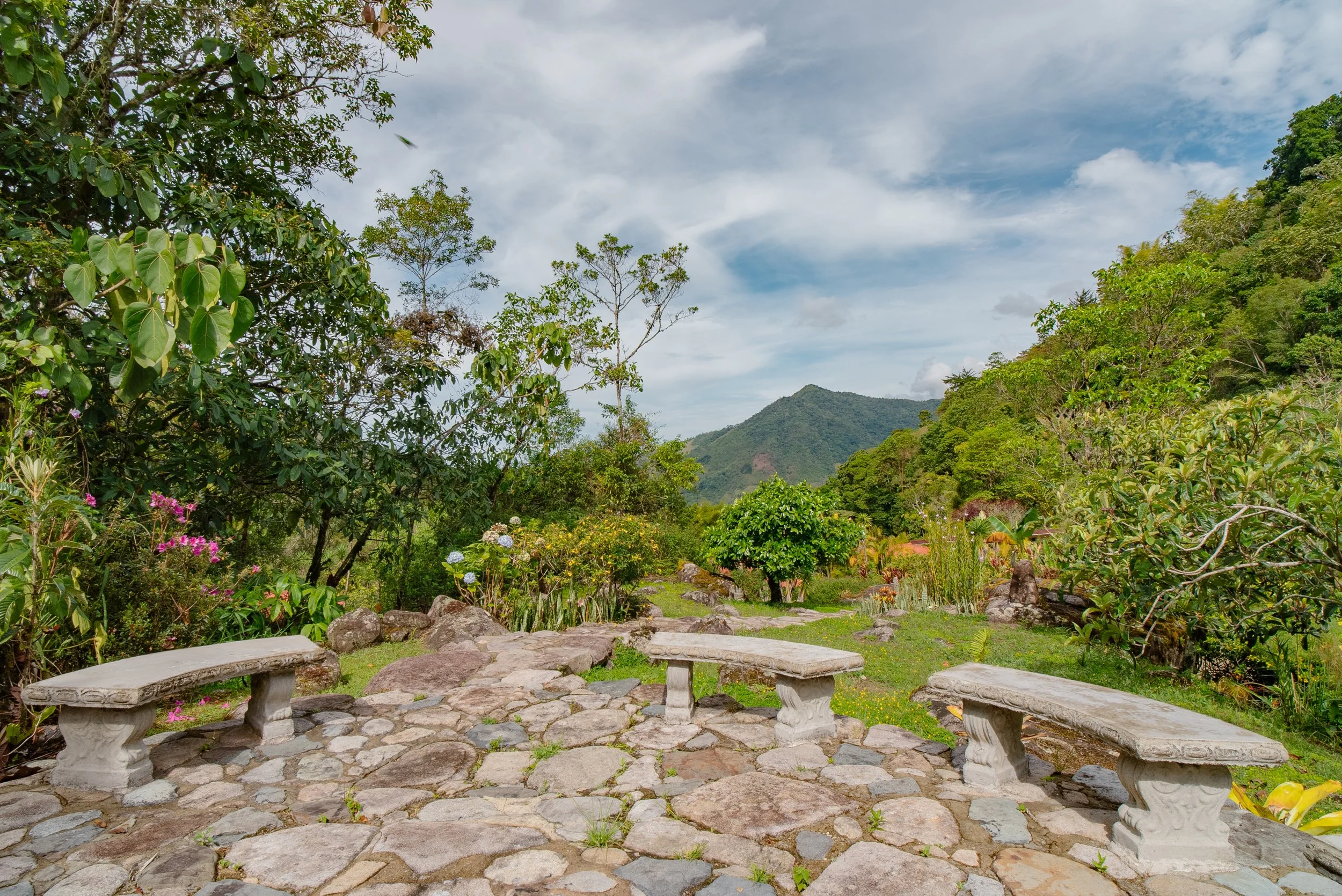 Jardín natural con piedras y bancos de piedra en un entorno verde con montañas al fondo y cielo nublado.