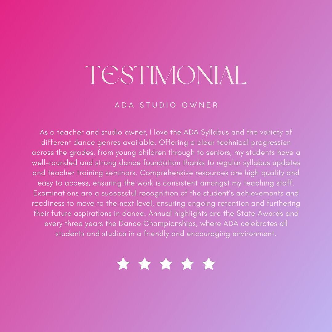 We love hearing testimonials about ADA! 🫶🏼

It's wonderful to hear about the positive impact our community and syllabi have had on so many dancers journeys. We are committed to providing the highest quality dance education and support for our studi