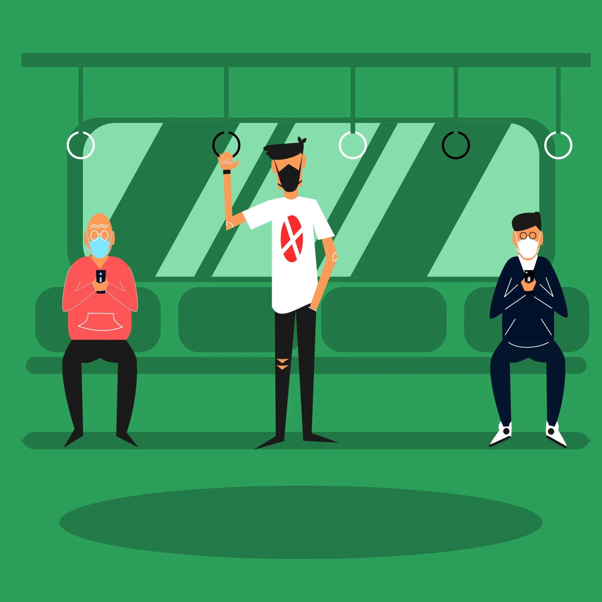 Animation showing people sitting on train with masks during covid