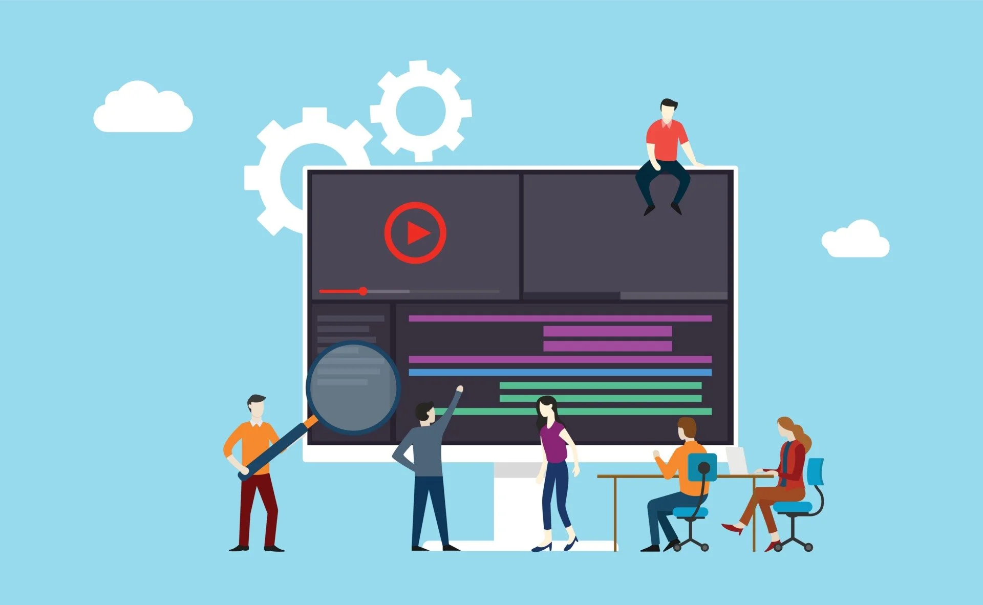 Animation showing people sitting in front of a giant computer screen